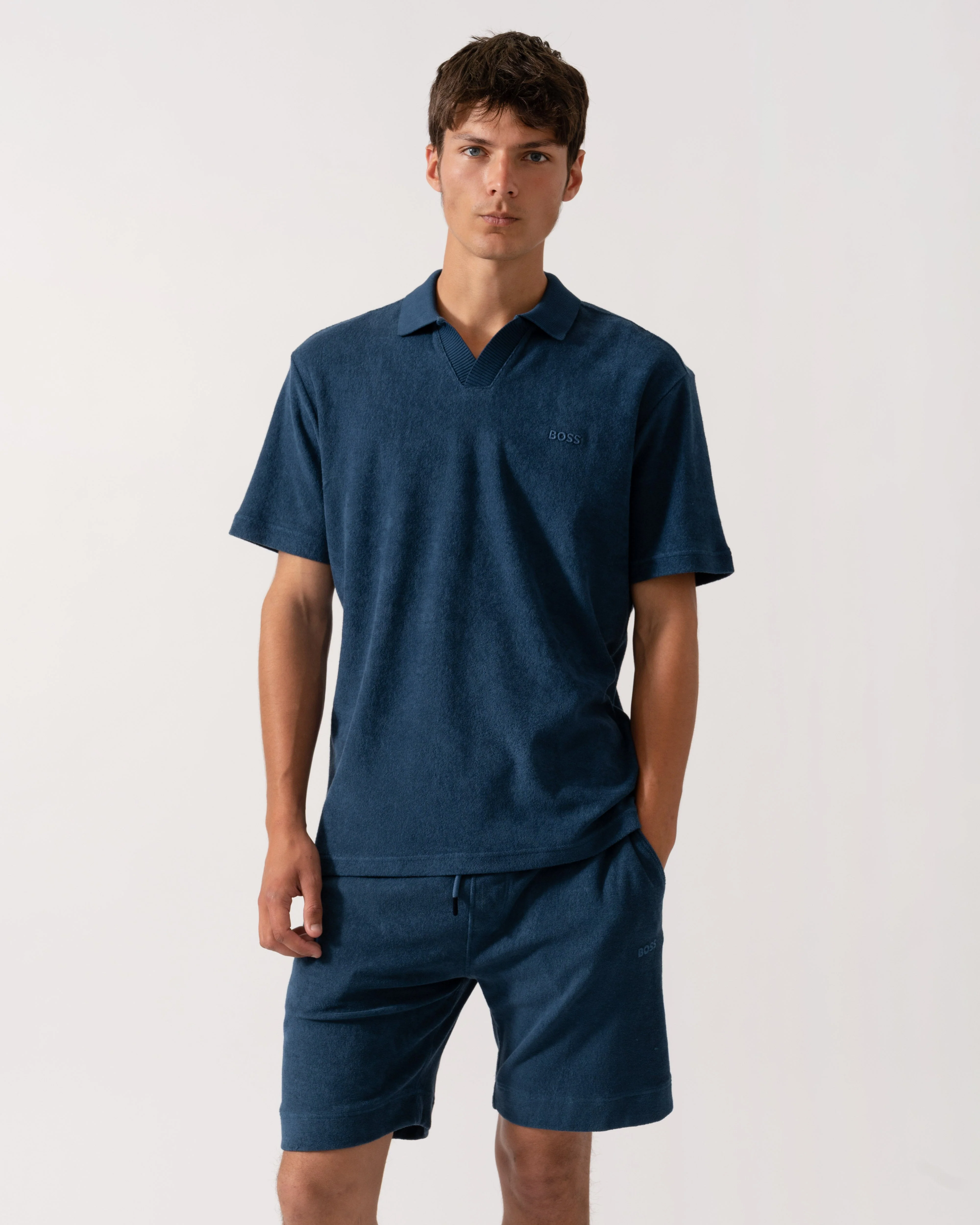 BOSS Orange Doubletowel Mens Polo Shirt - Open Blue 466 - Image 4