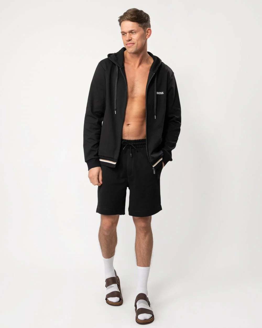 BOSS Orange Heritage Mens Zip-Up Loungewear Hoodie with Stripes and Logos - Image 3