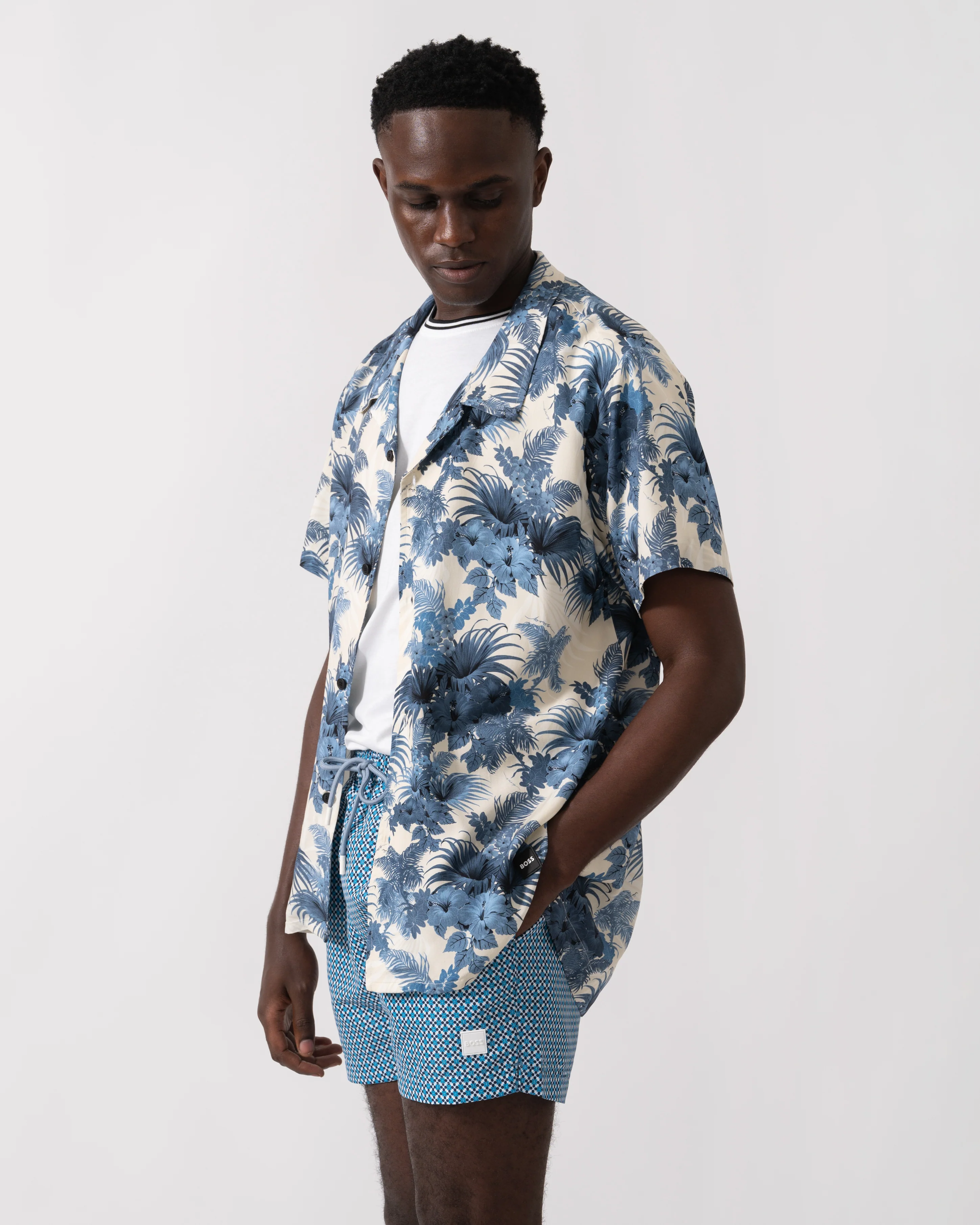 BOSS Orange Mens Short Sleeve Floral Print Beach Shirt - Open Blue 483 - Image 3