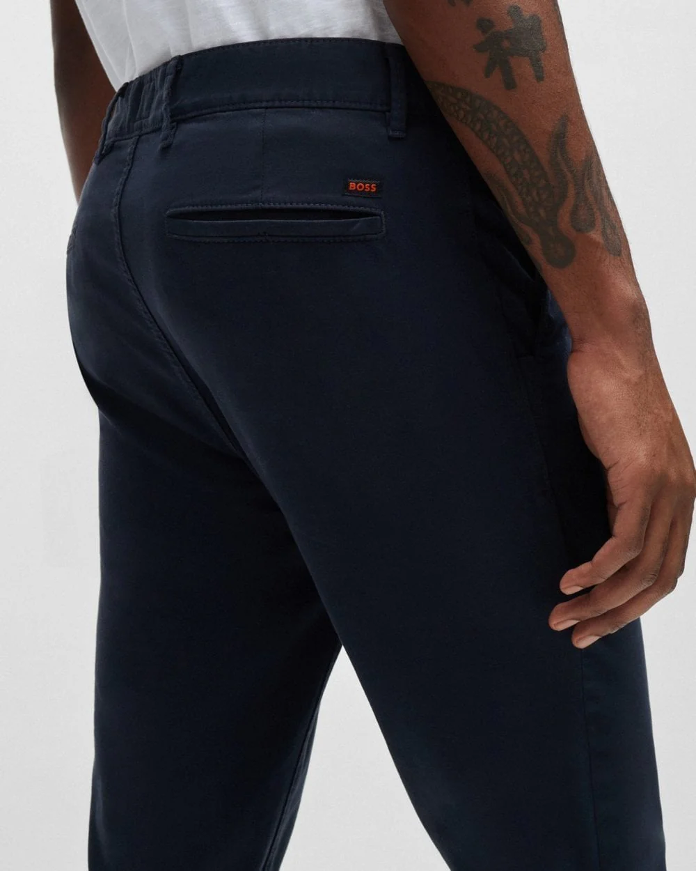 BOSS Orange Mens Slim Fit Chinos in Stretch-Cotton Satin NOS - Dark Blue 404 - Image 2