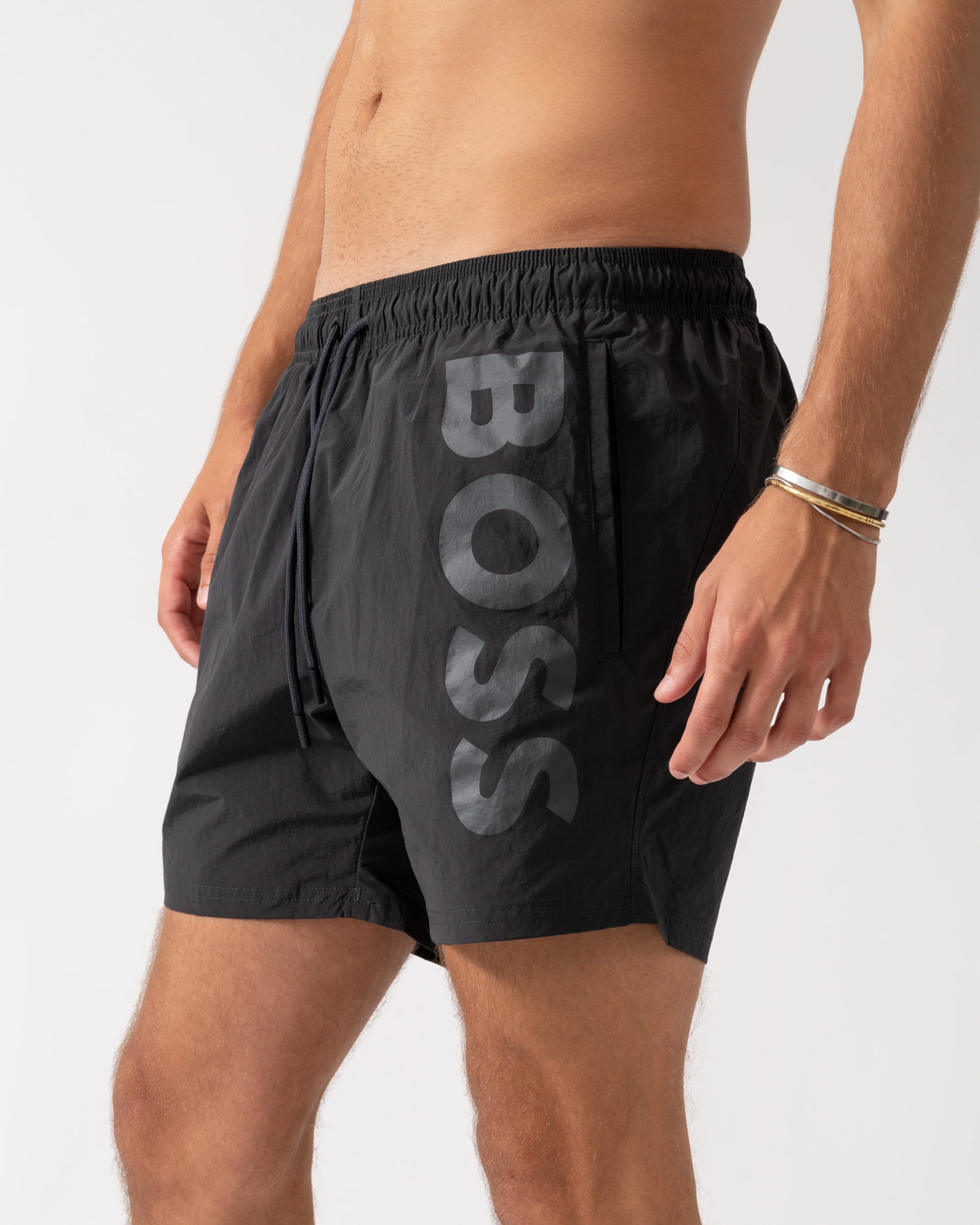 BOSS Orange Octopus Mens Quick-Dry Swim Shorts with Vertical Logo Print - Dark Grey 022 - Image 2