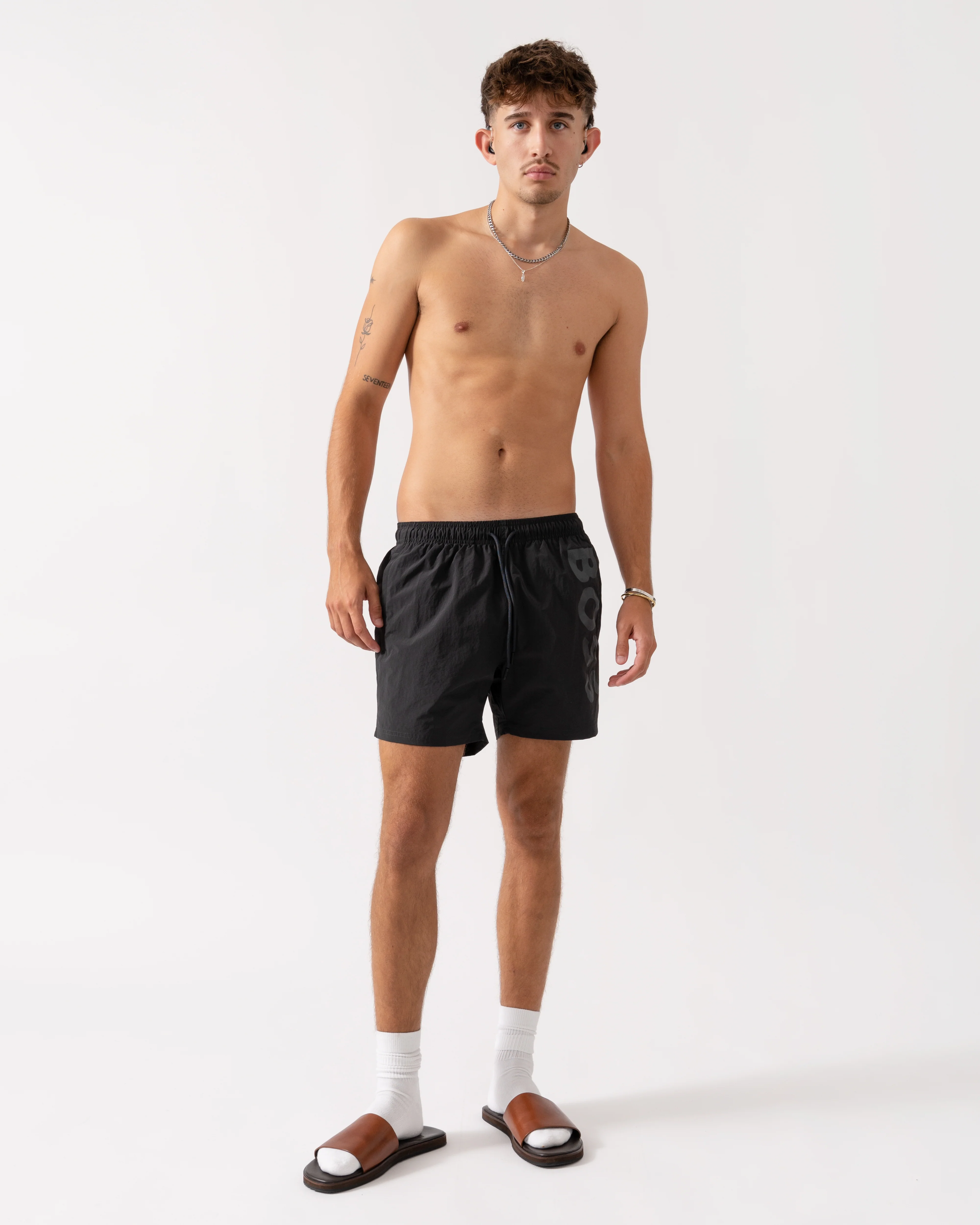 BOSS Orange Octopus Mens Quick-Dry Swim Shorts with Vertical Logo Print - Dark Grey 022 - Image 3