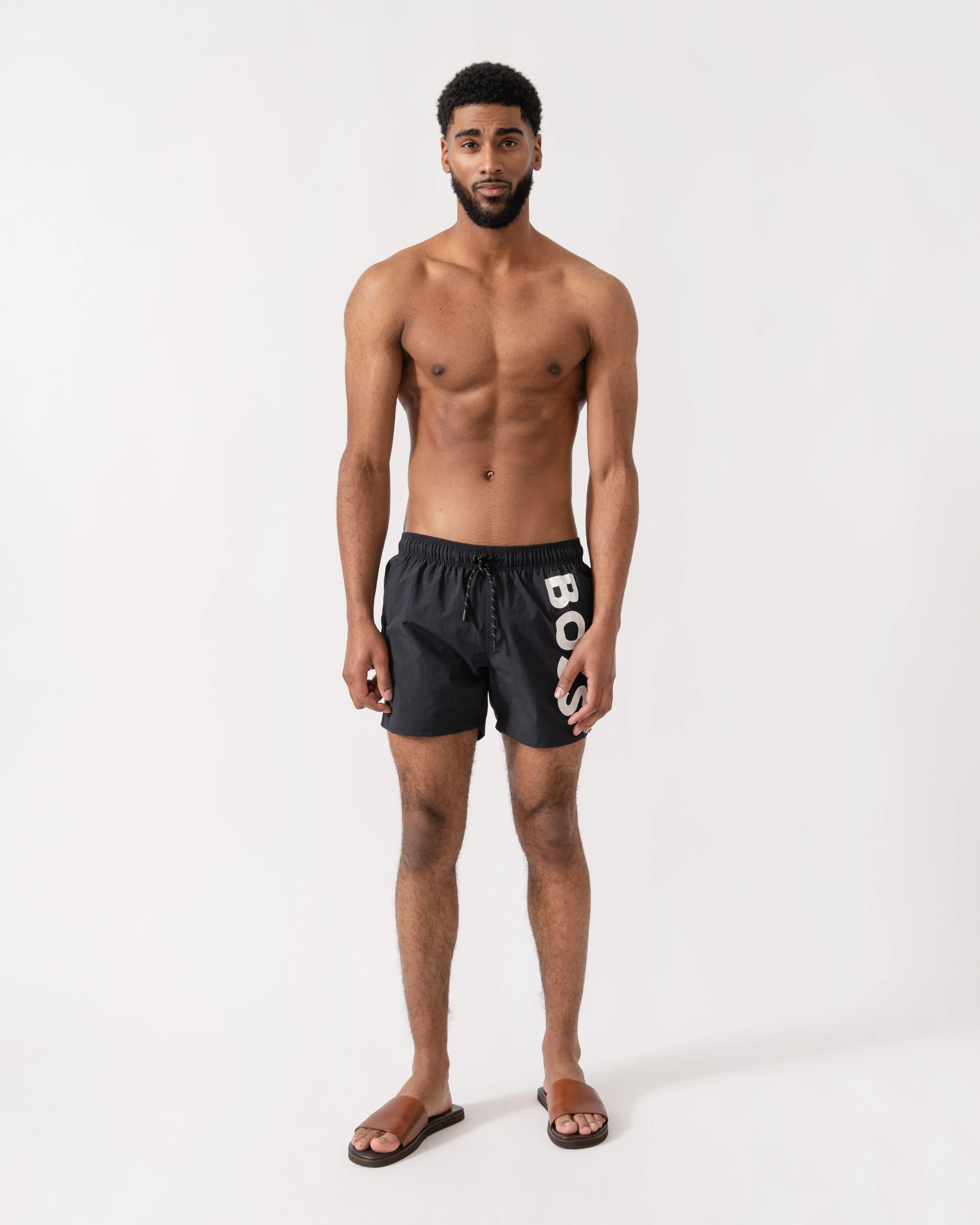 BOSS Orange Octopus Mens Quick-Dry Swim Shorts with Vertical Logo Print - Black 001 - Image 2