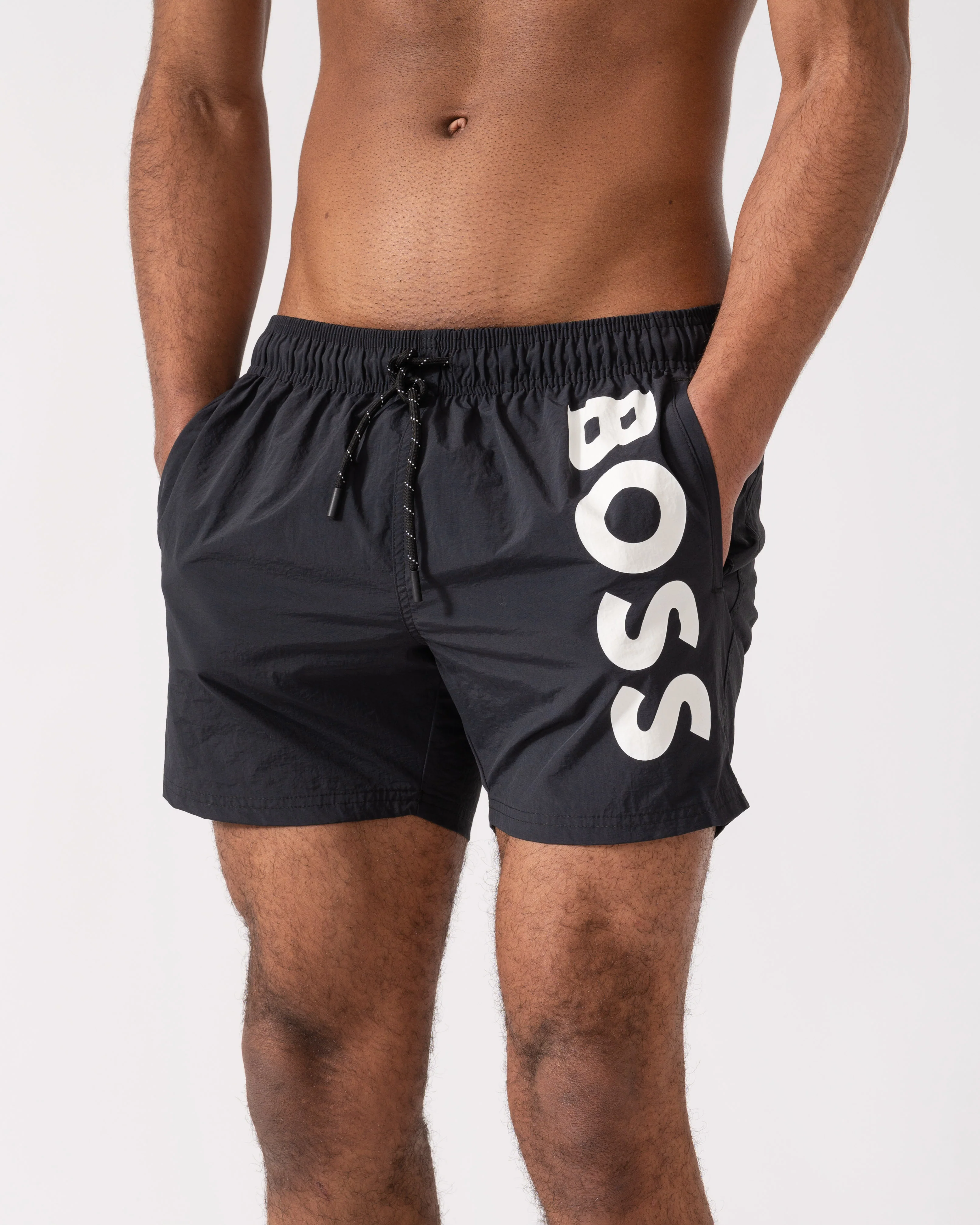 BOSS Orange Octopus Mens Quick-Dry Swim Shorts with Vertical Logo Print - Black 001 - Image 3
