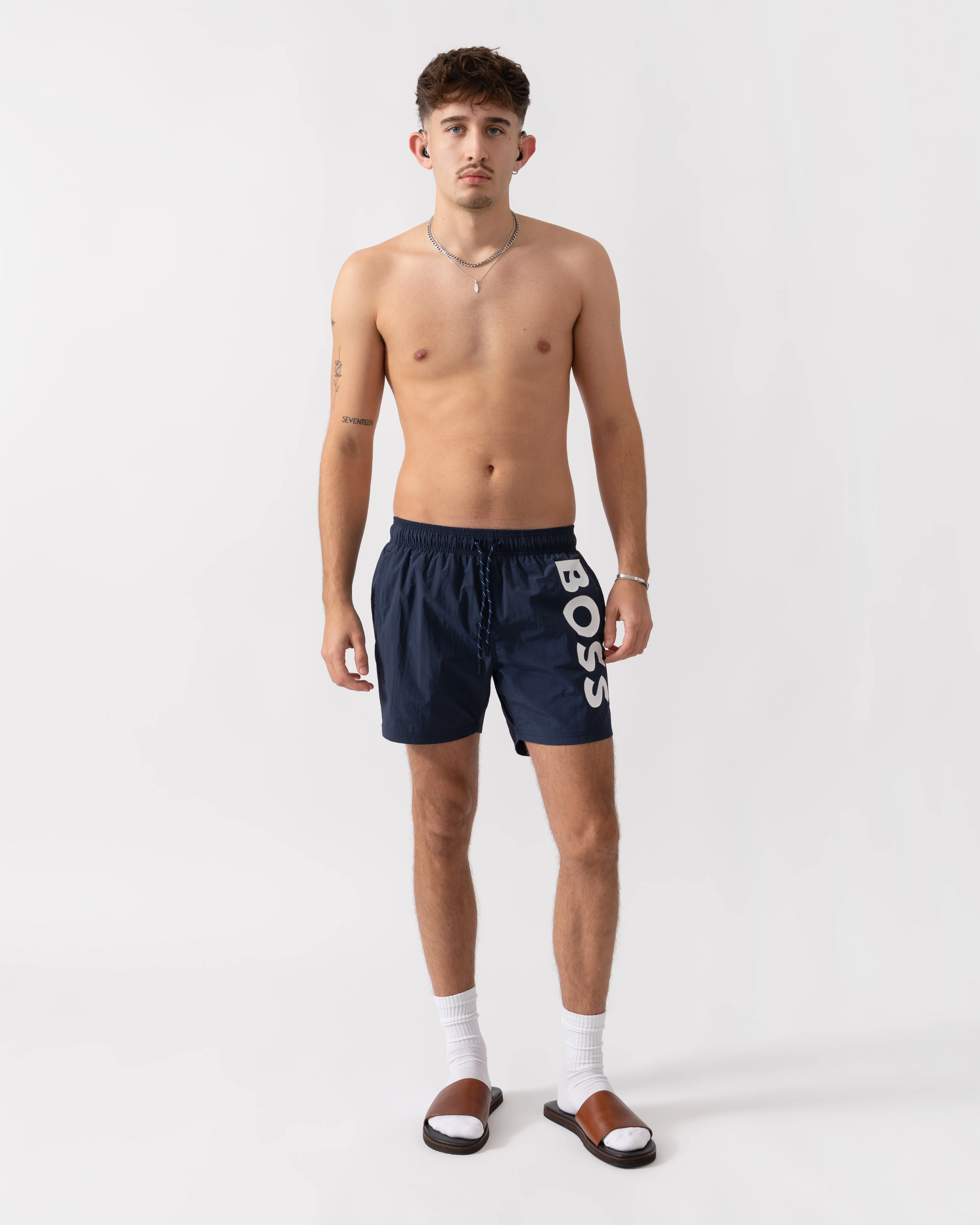 BOSS Orange Octopus Mens Quick-Dry Swim Shorts with Vertical Logo Print - Navy 413 - Image 3