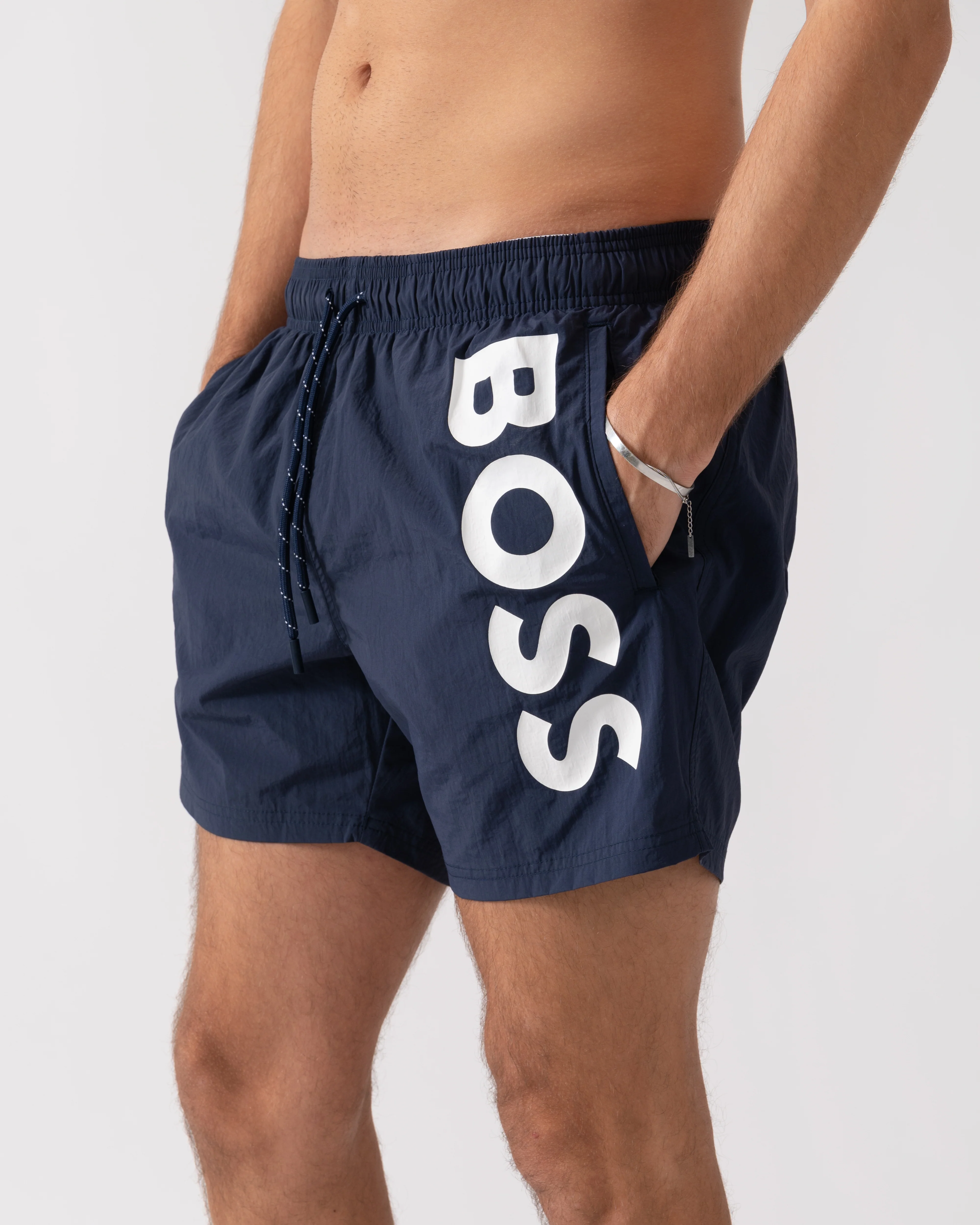 BOSS Orange Octopus Mens Quick-Dry Swim Shorts with Vertical Logo Print - Navy 413 - Image 4