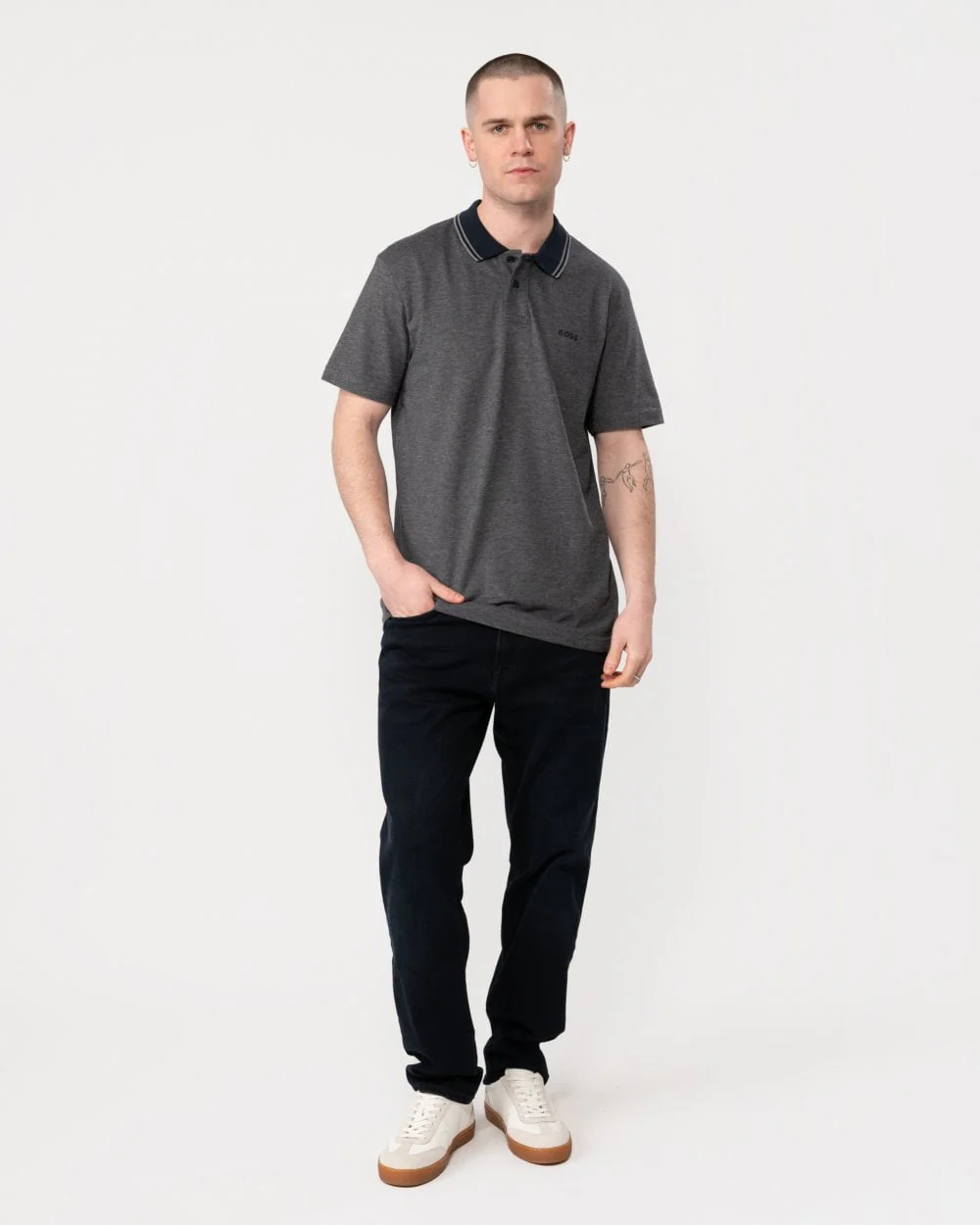 BOSS Orange Oxford New Mens Contrast Collar Short Sleeve Polo Shirt - Dark Blue 404 - Image 3