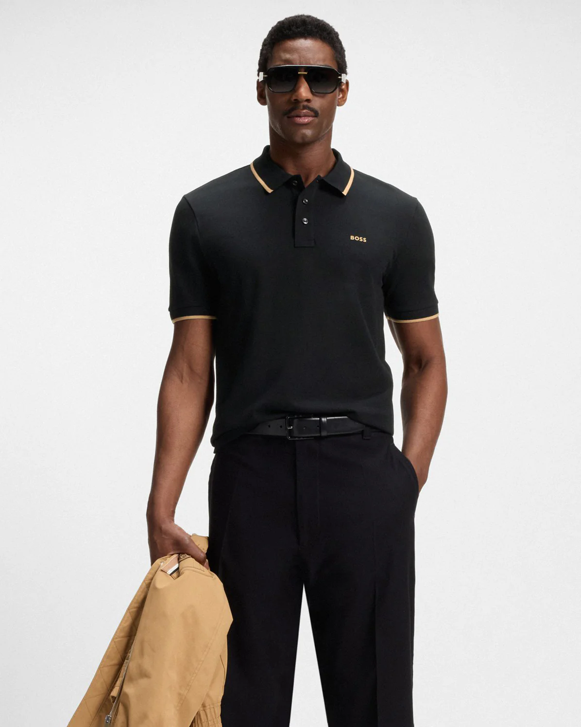 BOSS Orange Parlay 190 Mens Cotton-Piqué Polo Shirt with Contrast Tipping - Black - Image 3