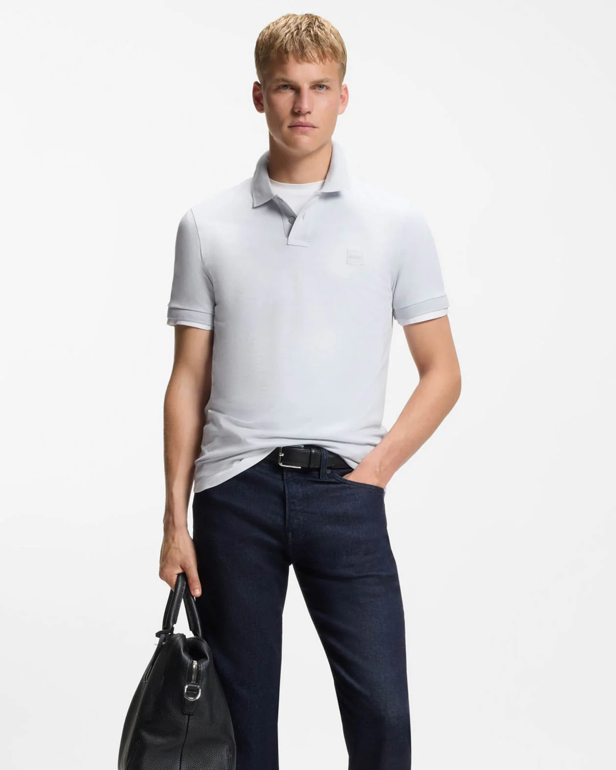 BOSS Orange Passenger Mens Stretch-Cotton Slim-Fit Polo Shirt with Logo Patch - Light/Pastel Grey 053 - Image 3