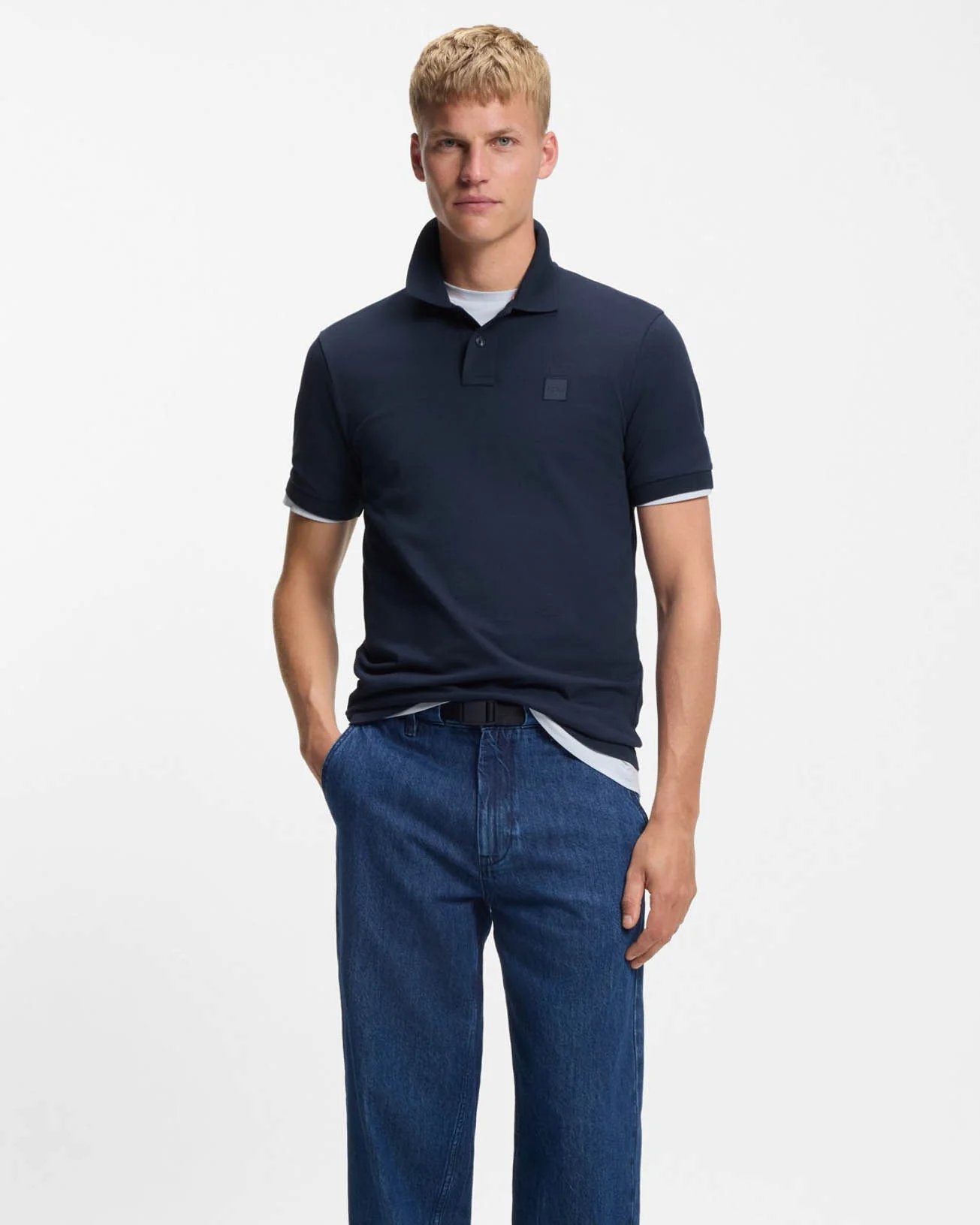 BOSS Orange Passenger Mens Stretch-Cotton Slim-Fit Polo Shirt with Logo Patch - Open Blue 464 - Image 2