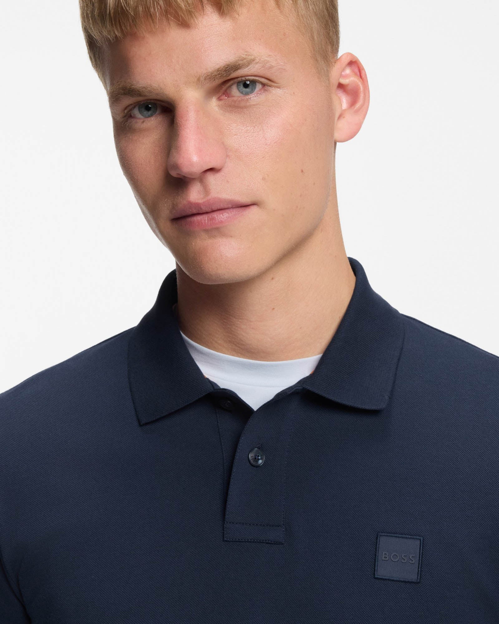 BOSS Orange Passenger Mens Stretch-Cotton Slim-Fit Polo Shirt with Logo Patch - Open Blue 464 - Image 3