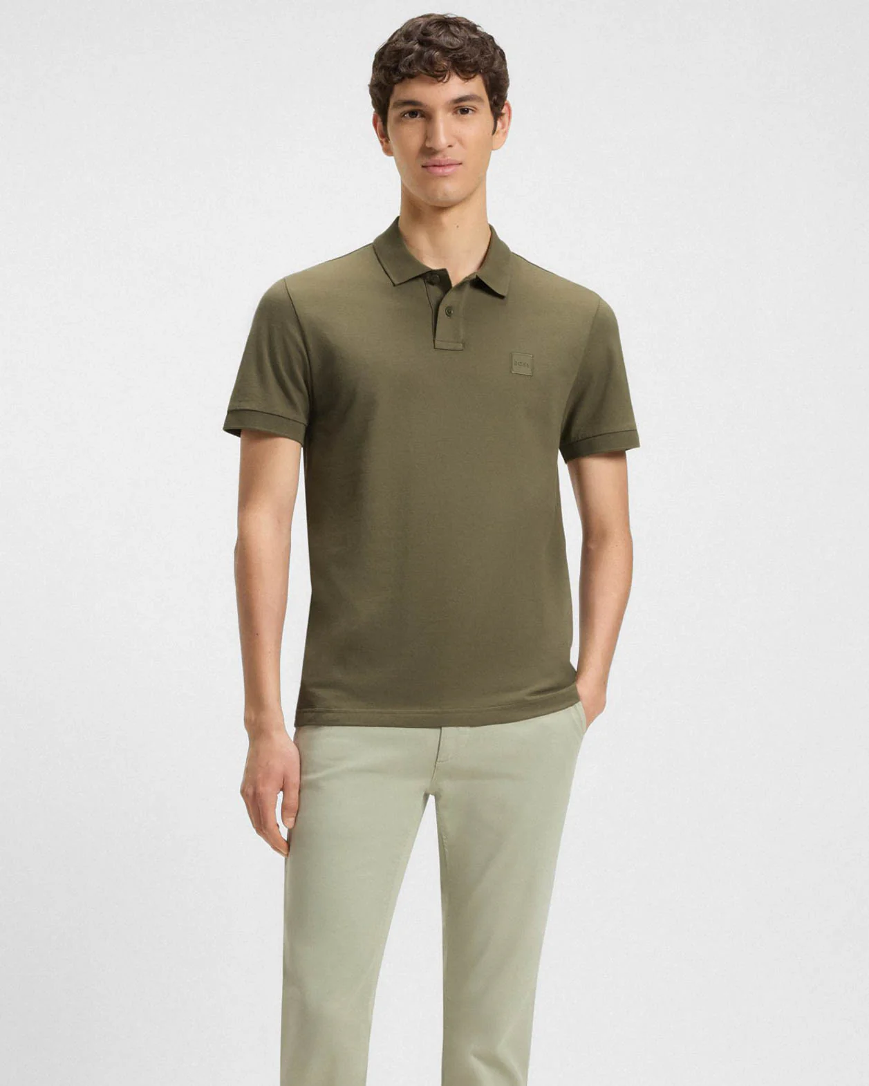 BOSS Orange Passenger Mens Stretch-Cotton Slim-Fit Polo Shirt with Logo Patch - Open Green 342 - Image 3