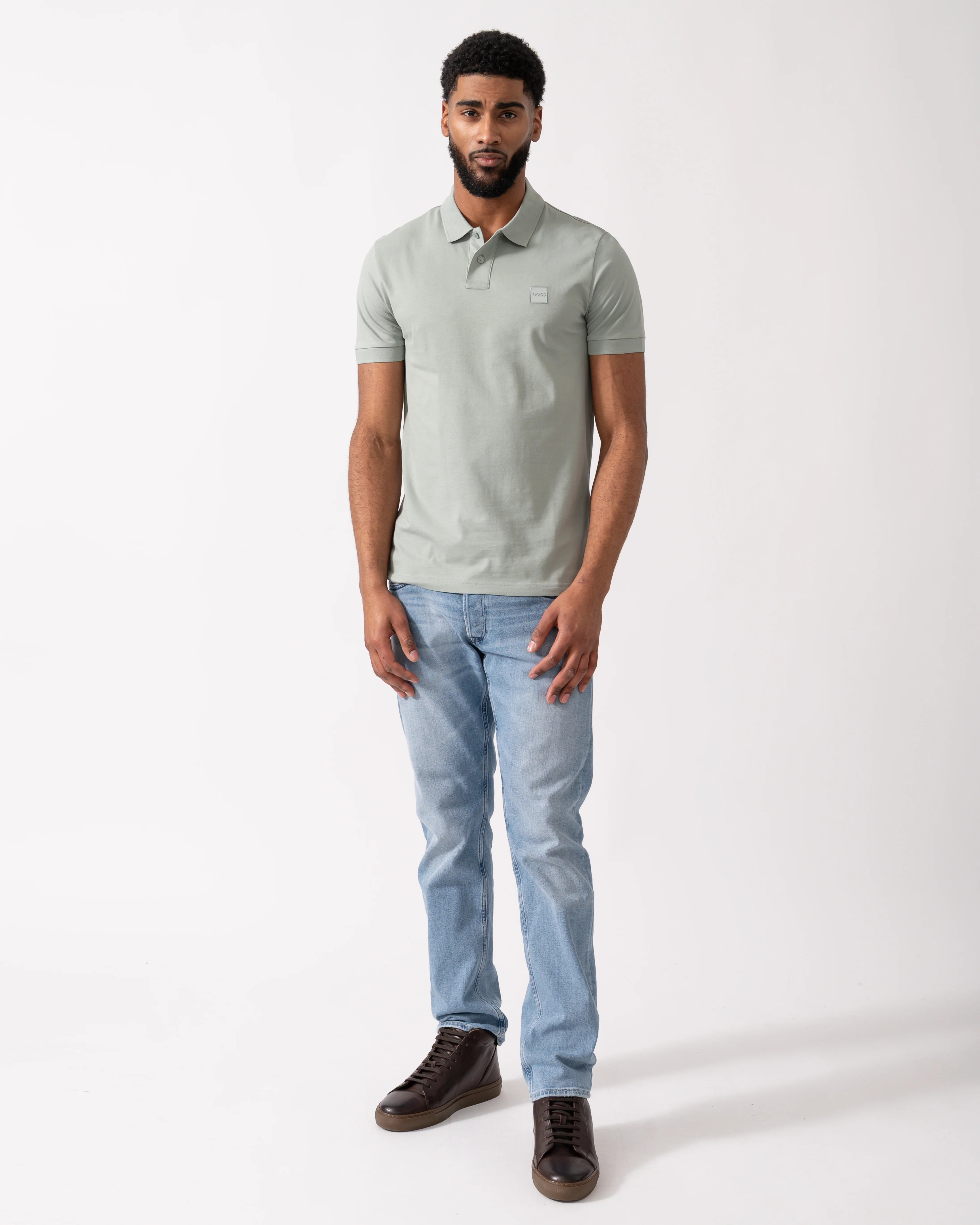 BOSS Orange Passenger Mens Stretch-Cotton Slim-Fit Polo Shirt with Logo Patch - Open Green 351 - Image 2