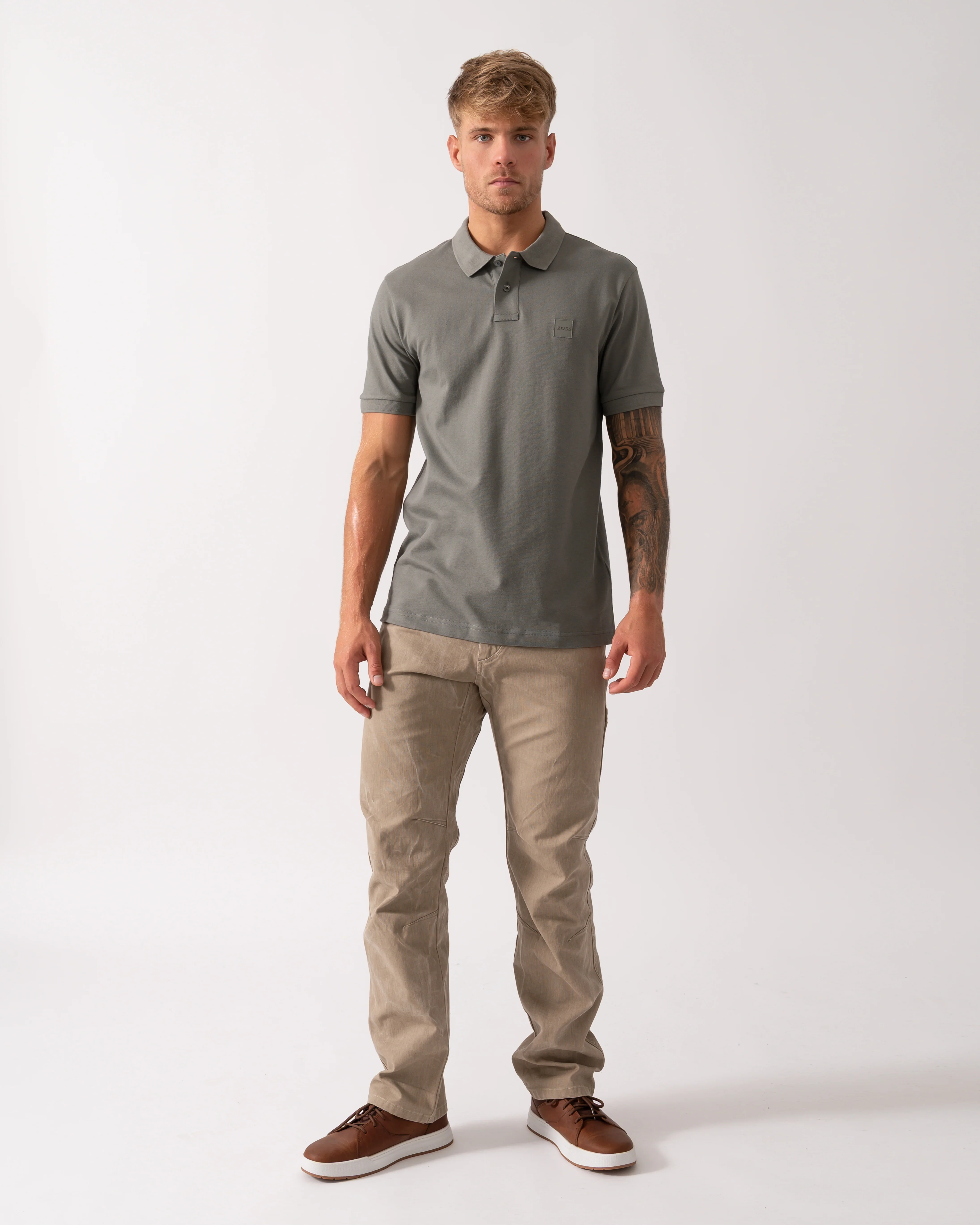 BOSS Orange Passenger Mens Stretch-Cotton Slim-Fit Polo Shirt with Logo Patch - Open Grey 076 - Image 2