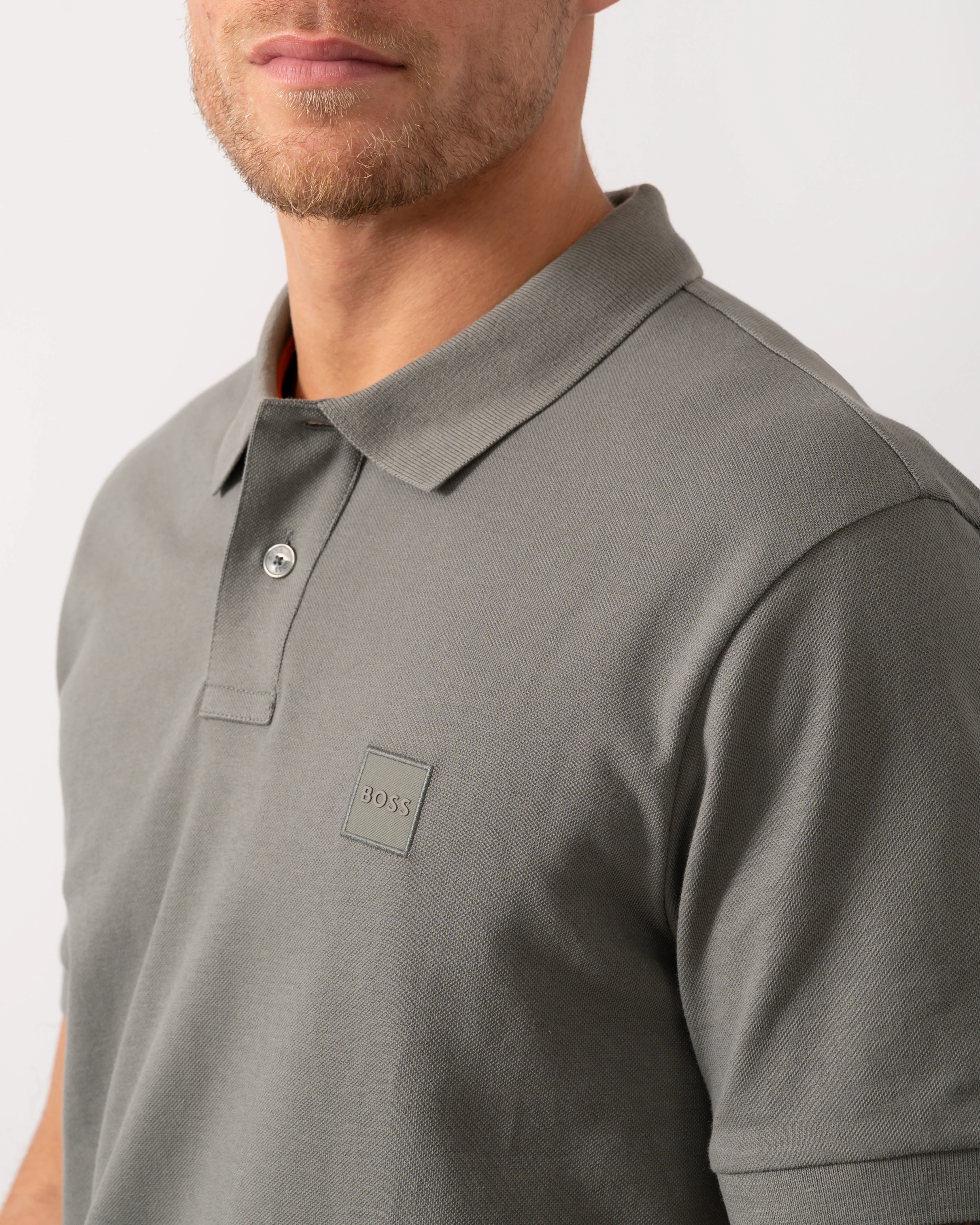 BOSS Orange Passenger Mens Stretch-Cotton Slim-Fit Polo Shirt with Logo Patch - Open Grey 076 - Image 3