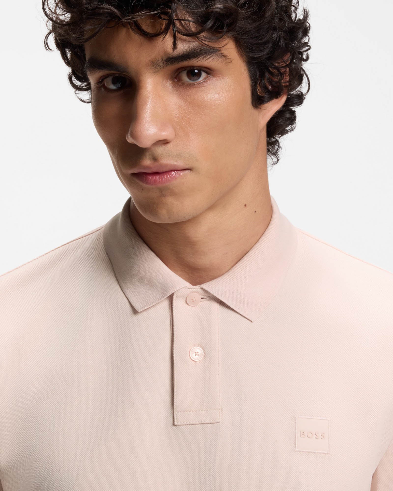 BOSS Orange Passenger Mens Stretch-Cotton Slim-Fit Polo Shirt with Logo Patch - Open Pink 690 - Image 2