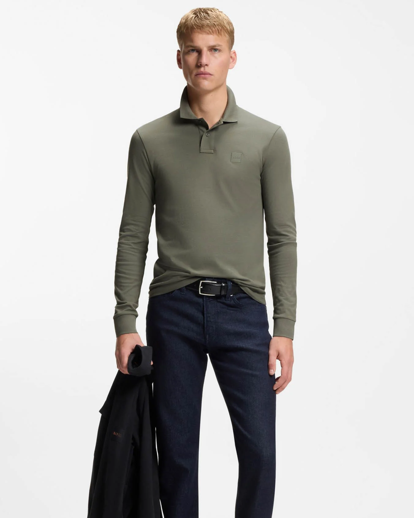 BOSS Orange Passerby Mens Long Sleeve Stretch-Cotton Polo Shirt with Logo Patch - Open Grey 076 - Image 2