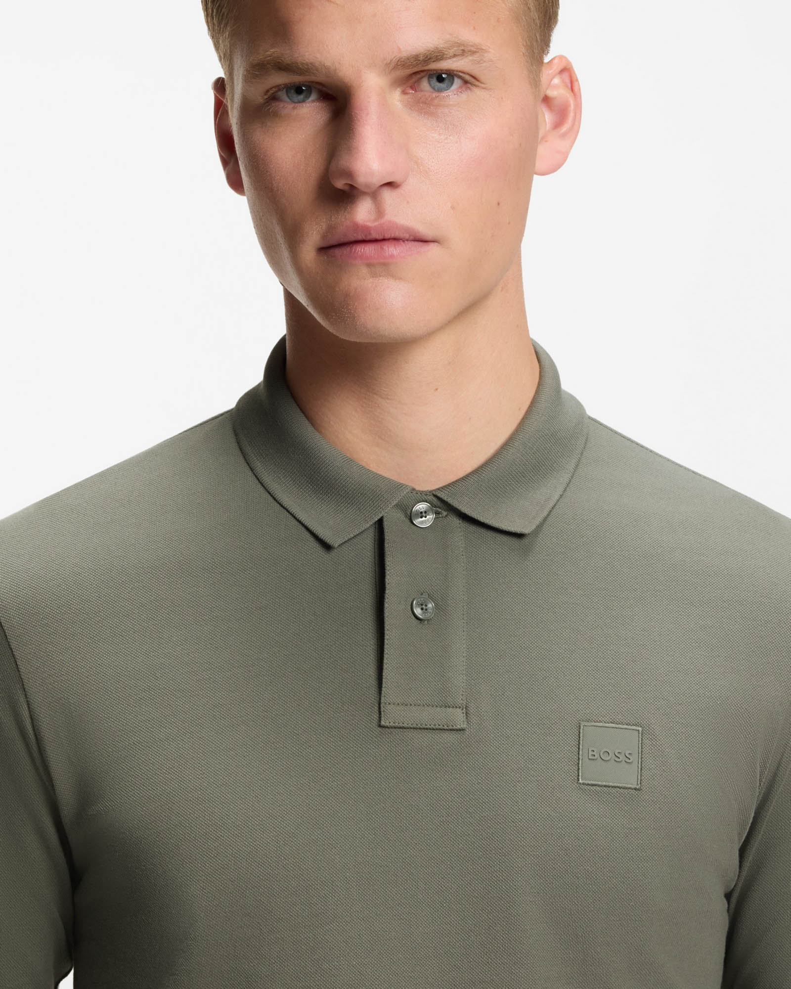 BOSS Orange Passerby Mens Long Sleeve Stretch-Cotton Polo Shirt with Logo Patch - Open Grey 076 - Image 3
