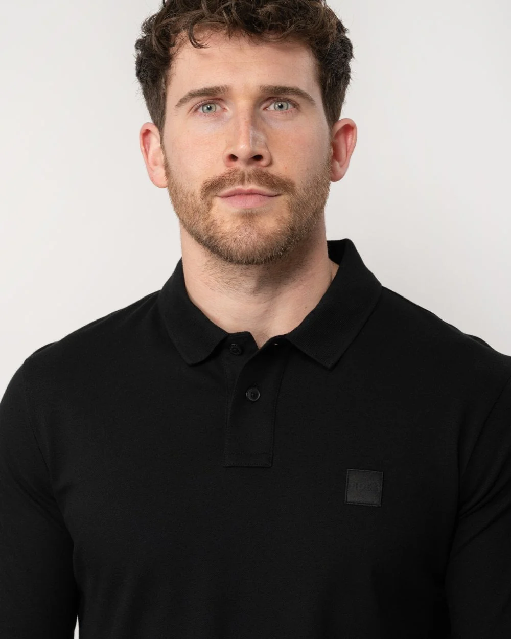 BOSS Orange Passerby Mens Long Sleeve Stretch-Cotton Polo Shirt with Logo Patch NOS - Black 001 - Image 2