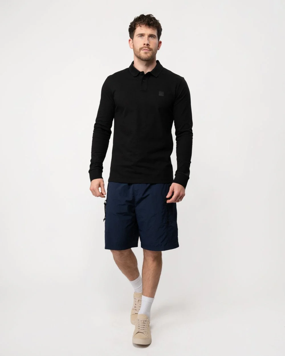 BOSS Orange Passerby Mens Long Sleeve Stretch-Cotton Polo Shirt with Logo Patch NOS - Black 001 - Image 4