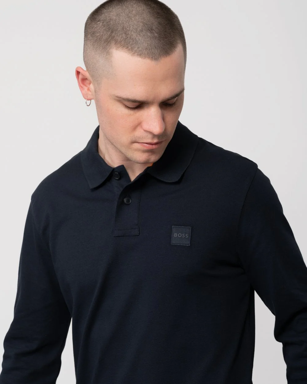 BOSS Orange Passerby Mens Long Sleeve Stretch-Cotton Polo Shirt with Logo Patch NOS - Dark Blue 404 - Image 2