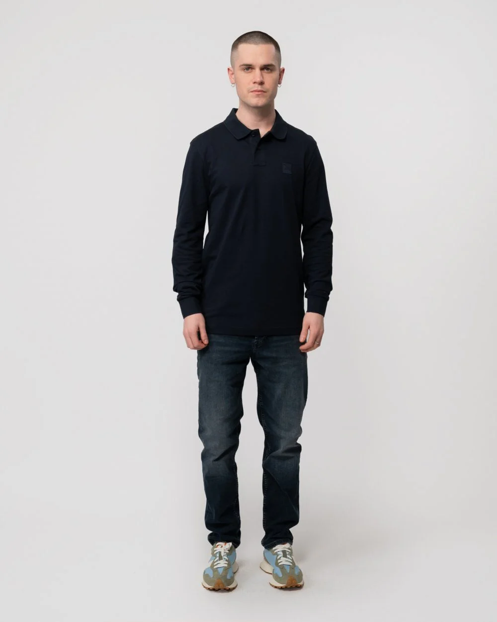 BOSS Orange Passerby Mens Long Sleeve Stretch-Cotton Polo Shirt with Logo Patch NOS - Dark Blue 404 - Image 3