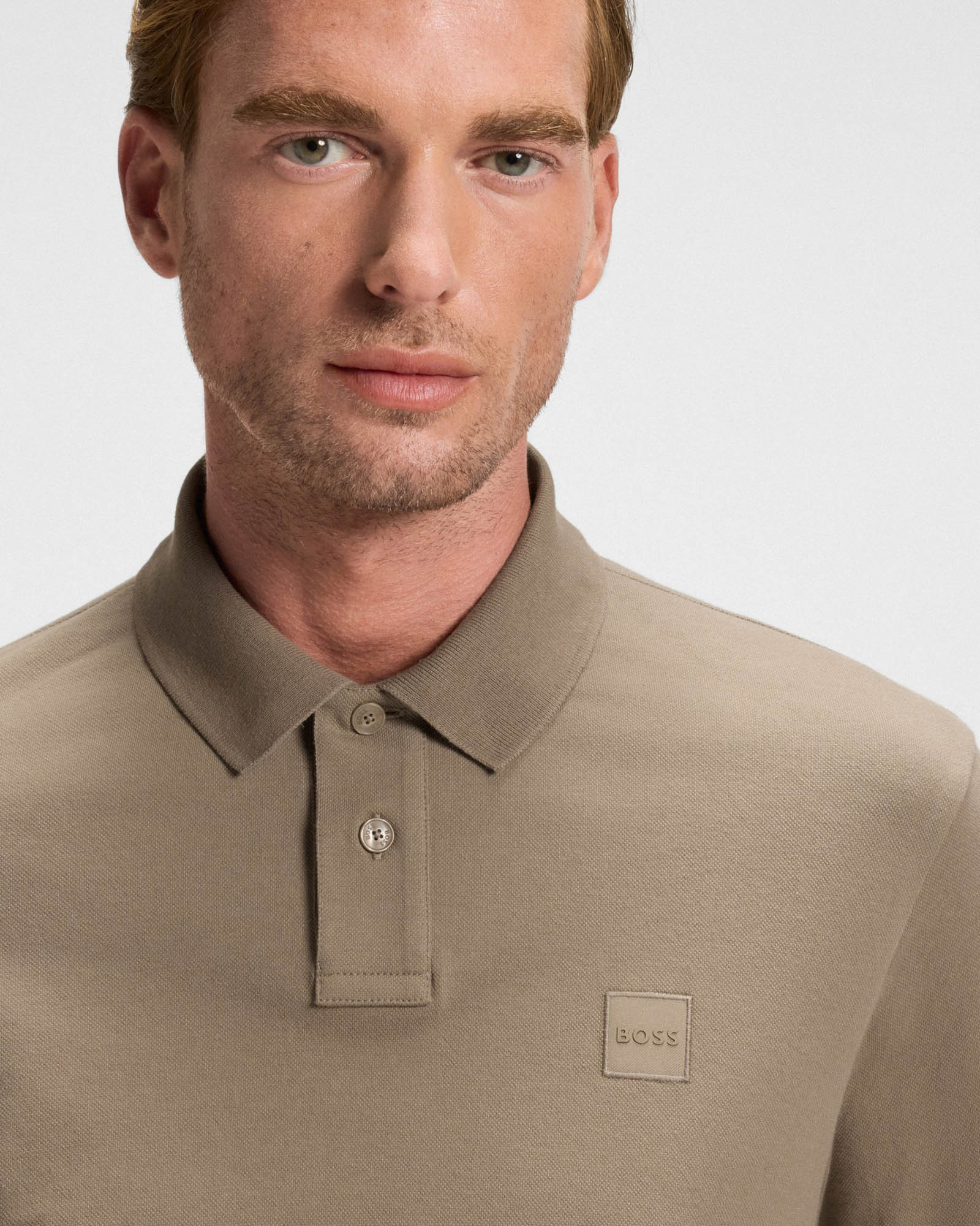 BOSS Orange Passerby Mens Long Sleeve Stretch-Cotton Polo Shirt with Logo Patch - Open Green 346 - Image 2