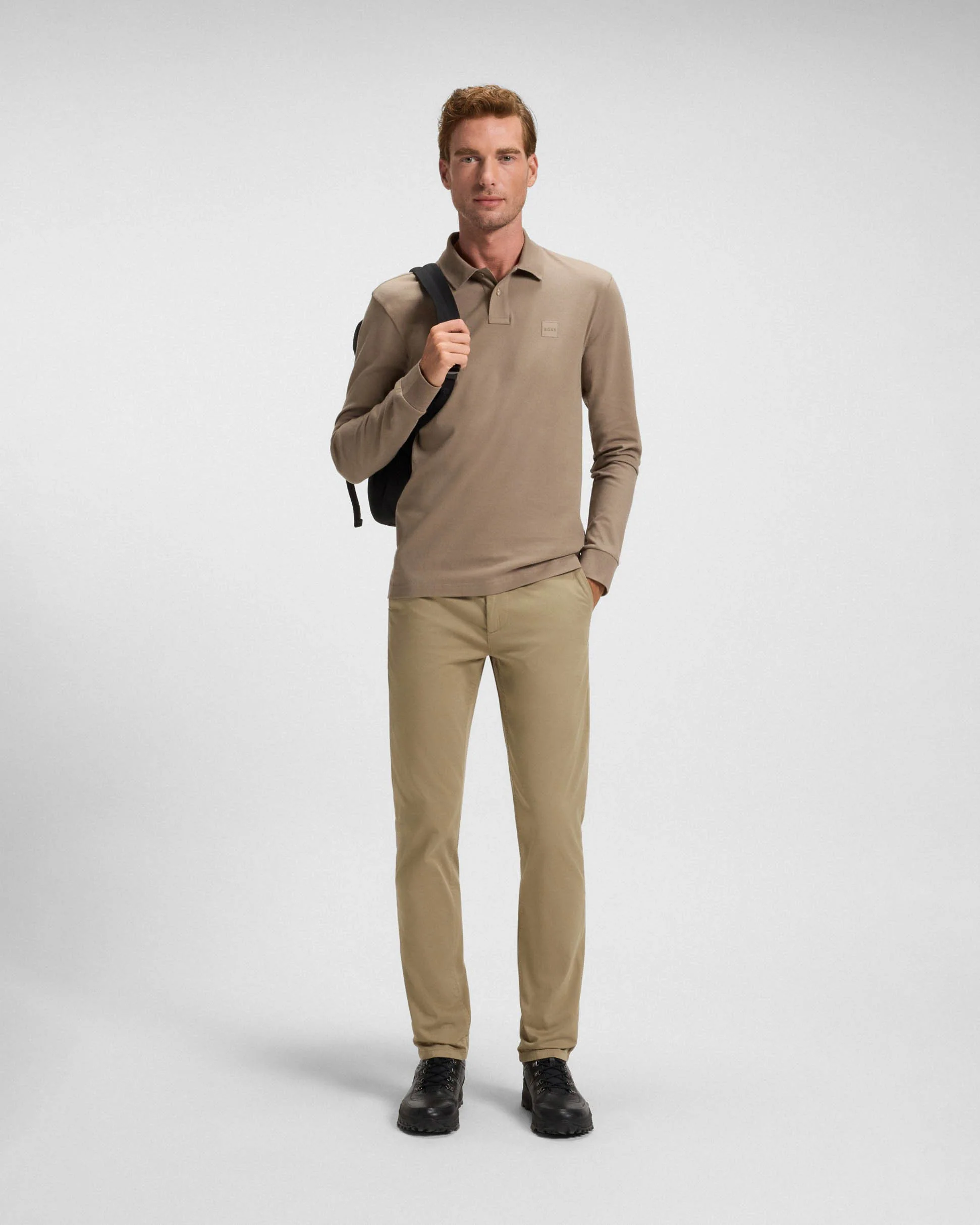 BOSS Orange Passerby Mens Long Sleeve Stretch-Cotton Polo Shirt with Logo Patch - Open Green 346 - Image 3