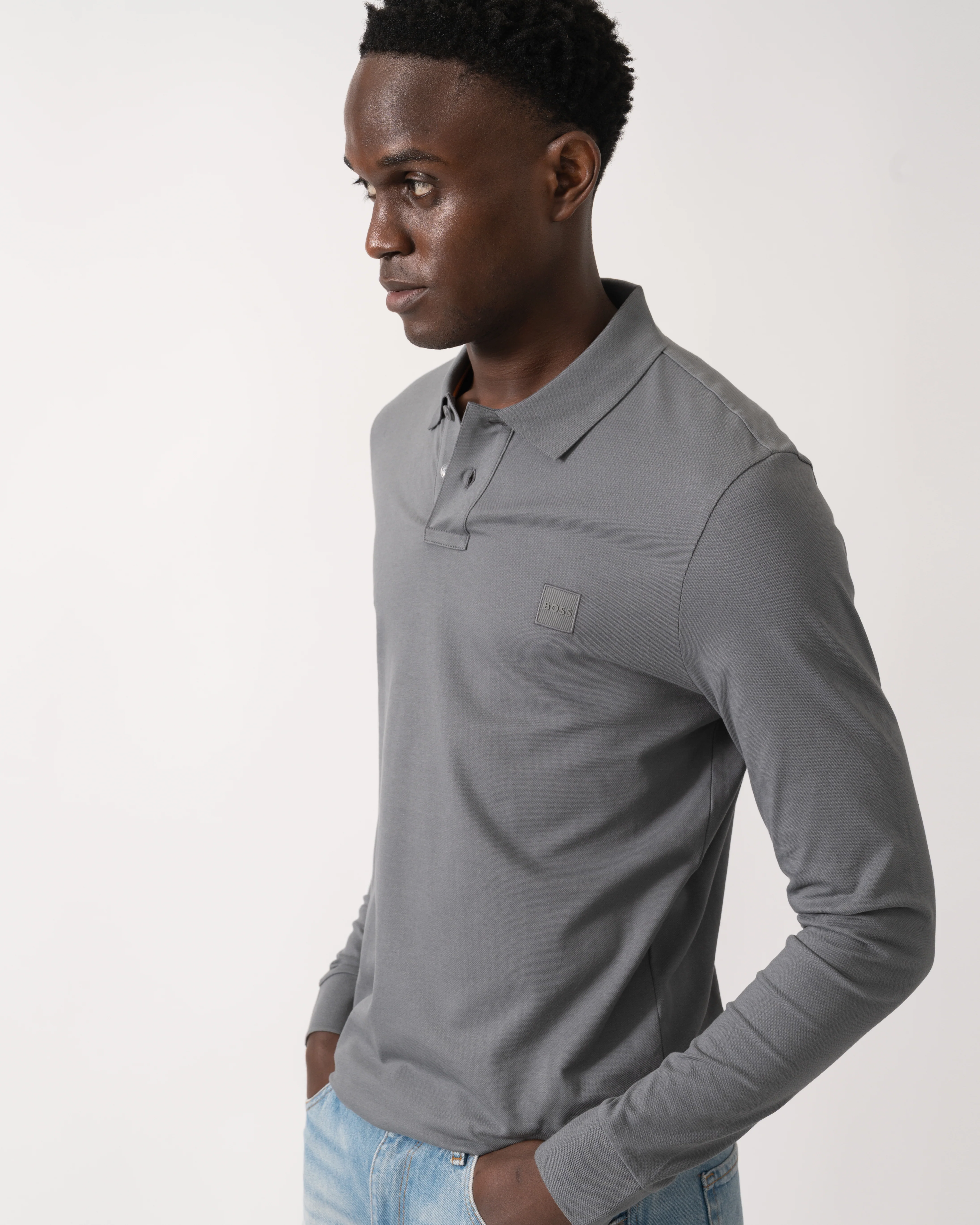 BOSS Orange Passerby Mens Long Sleeve Stretch-Cotton Polo Shirt with Logo Patch - Open Grey 062 - Image 2