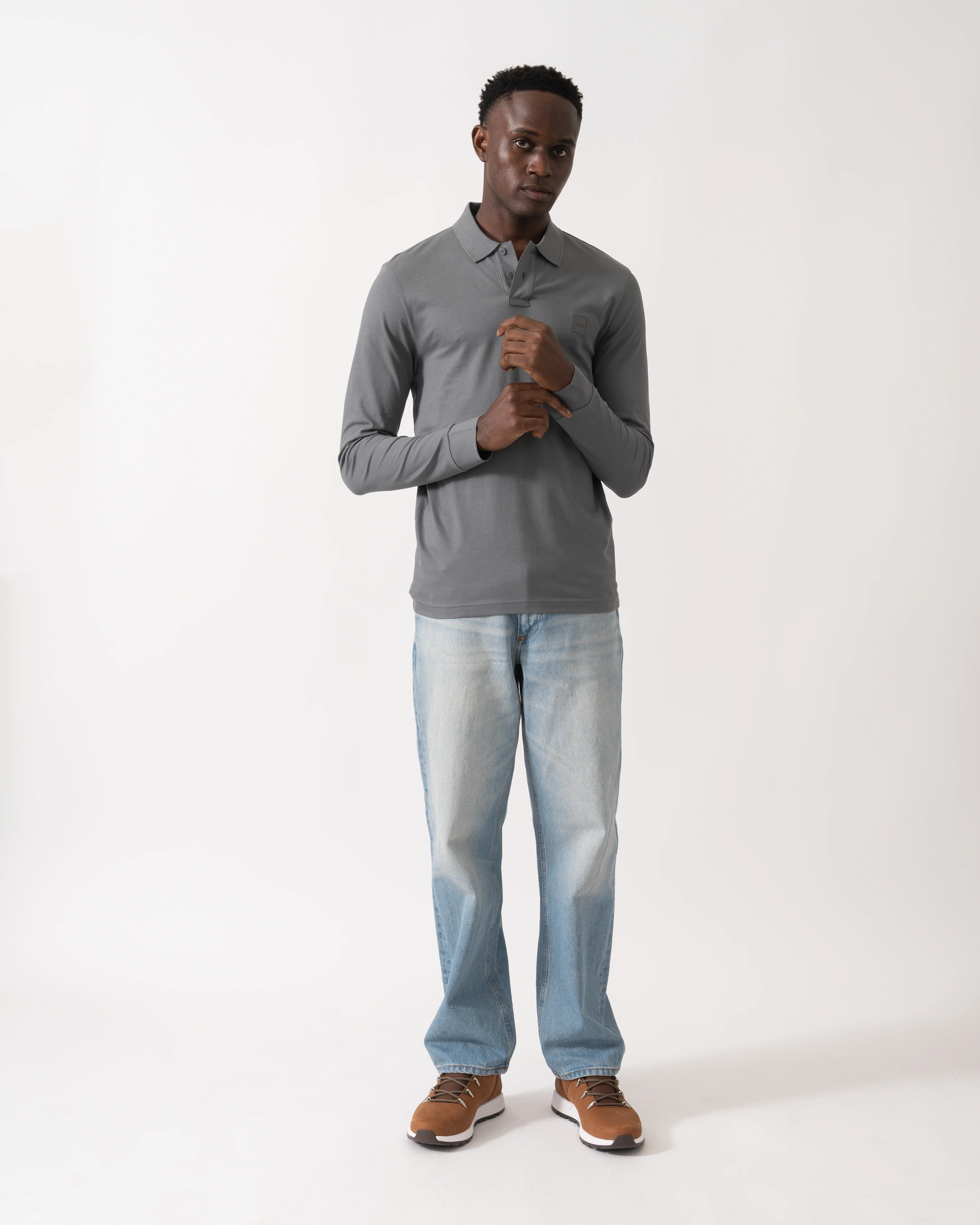 BOSS Orange Passerby Mens Long Sleeve Stretch-Cotton Polo Shirt with Logo Patch - Open Grey 062 - Image 3