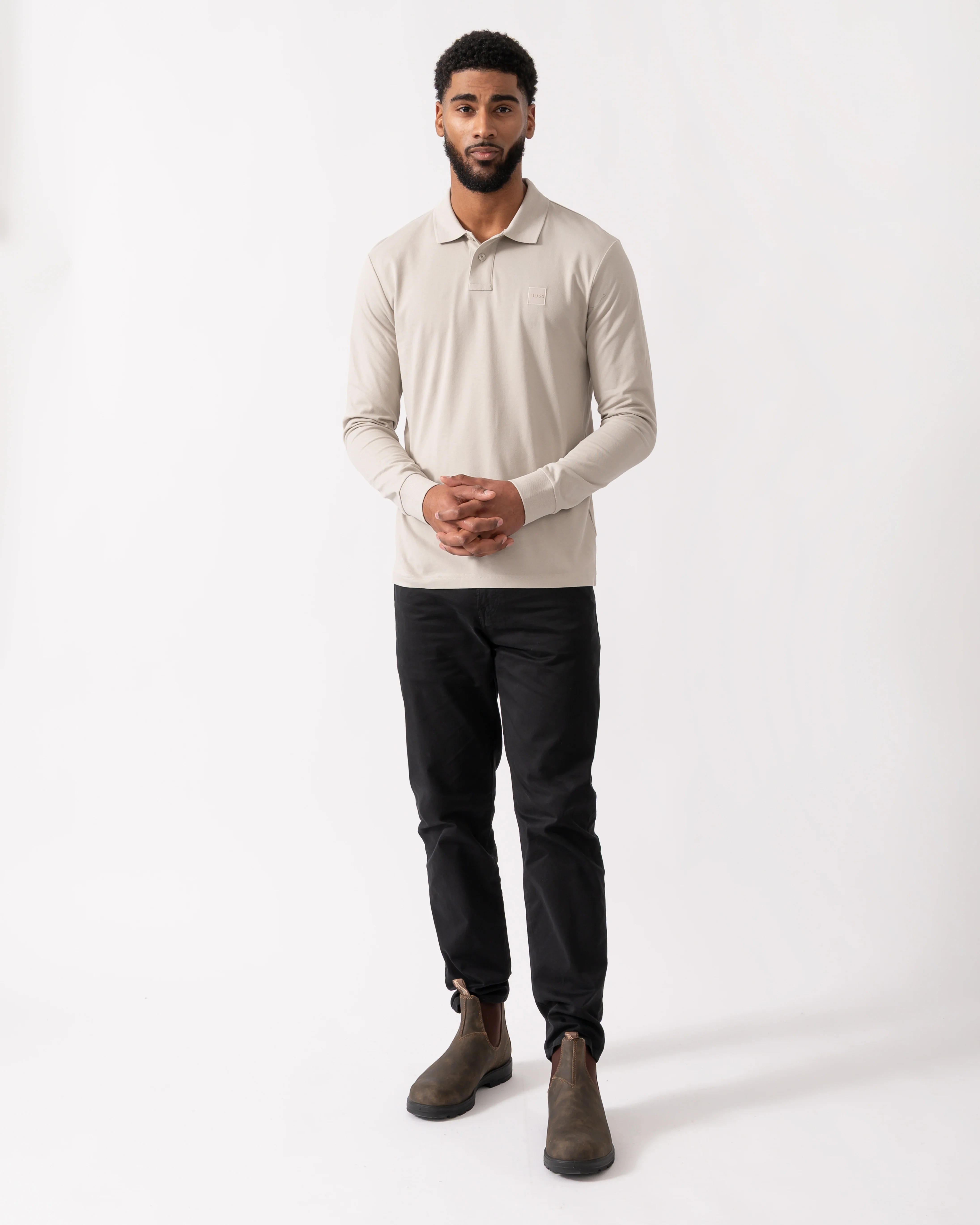 BOSS Orange Passerby Mens Long Sleeve Stretch-Cotton Polo Shirt with Logo Patch - Open Grey 070 - Image 2