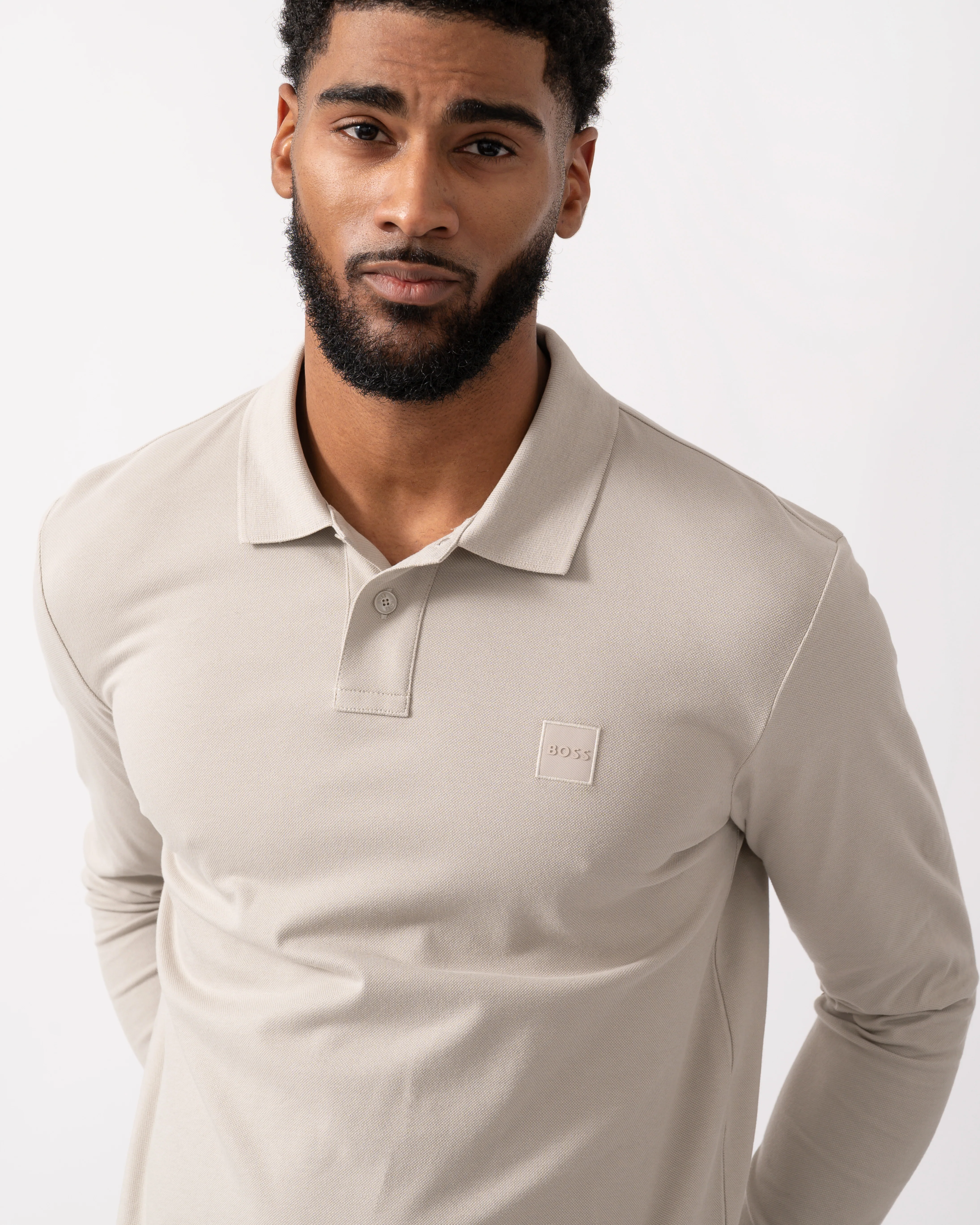 BOSS Orange Passerby Mens Long Sleeve Stretch-Cotton Polo Shirt with Logo Patch - Open Grey 070 - Image 3