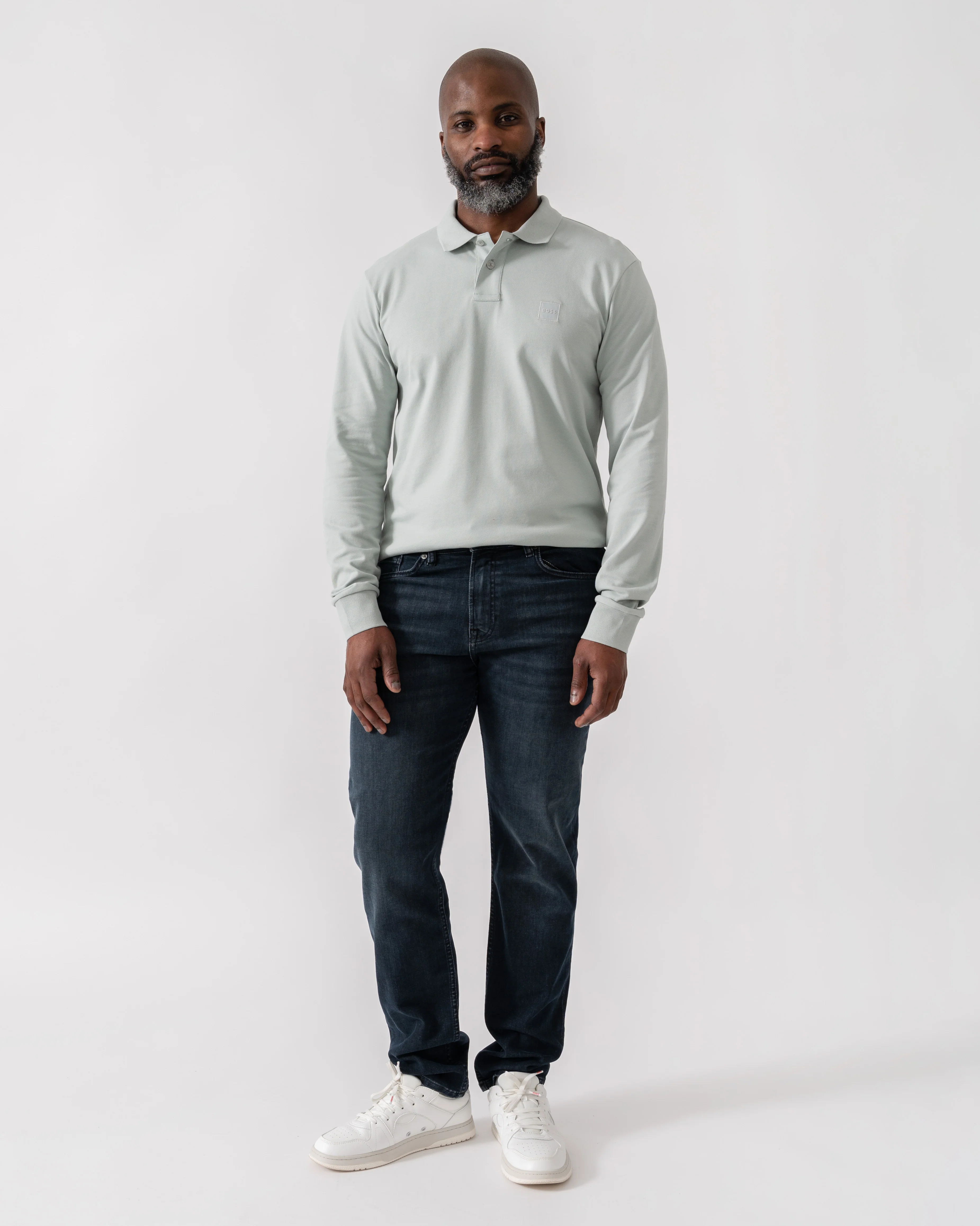 BOSS Orange Passerby Mens Long Sleeve Stretch-Cotton Polo Shirt with Logo Patch - Silver 043 - Image 2
