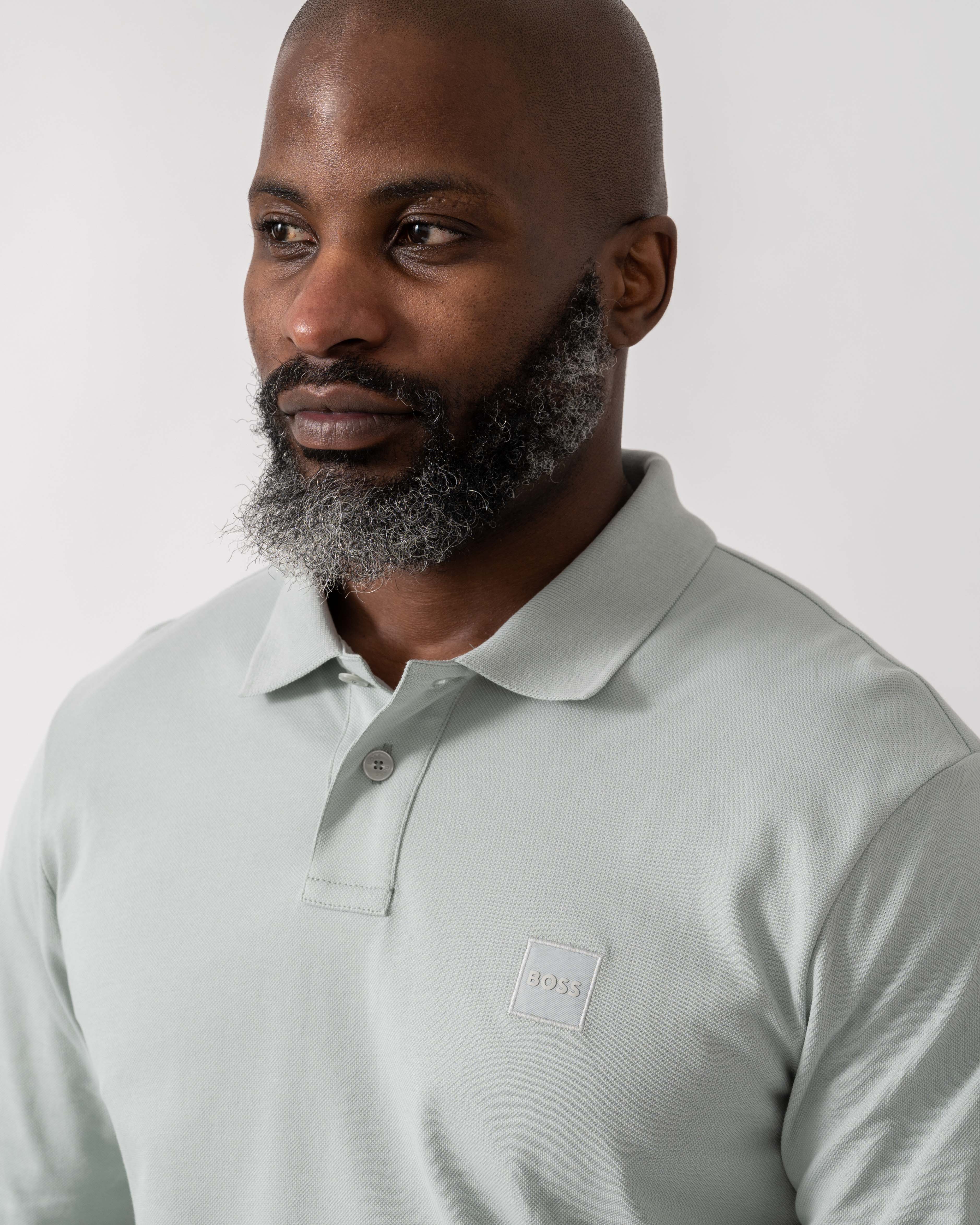 BOSS Orange Passerby Mens Long Sleeve Stretch-Cotton Polo Shirt with Logo Patch - Silver 043 - Image 3