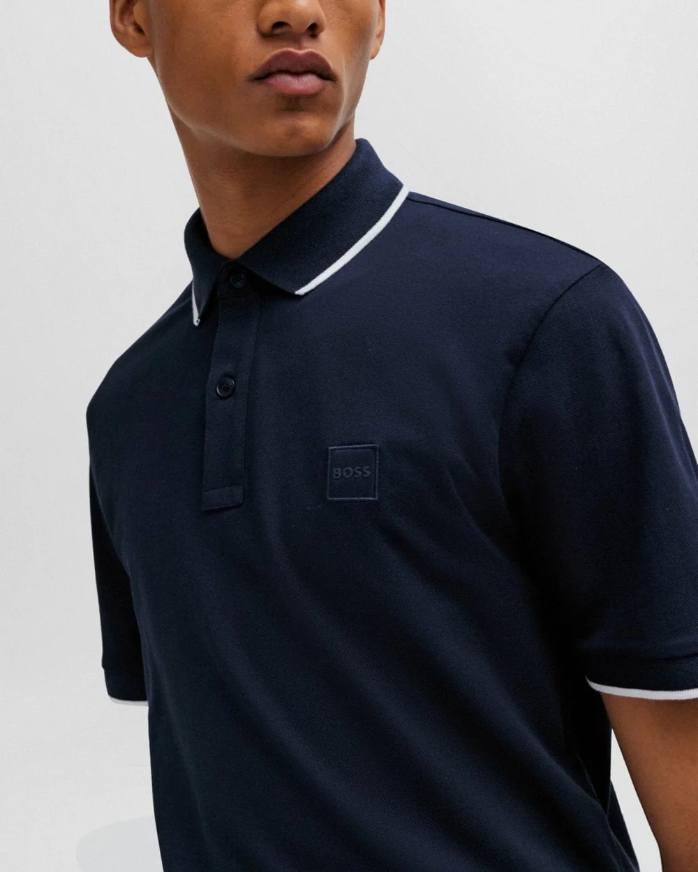 BOSS Orange Passertip Mens Short Sleeve Polo Shirt With Tipped Collar - Dark Blue 404 - Image 2