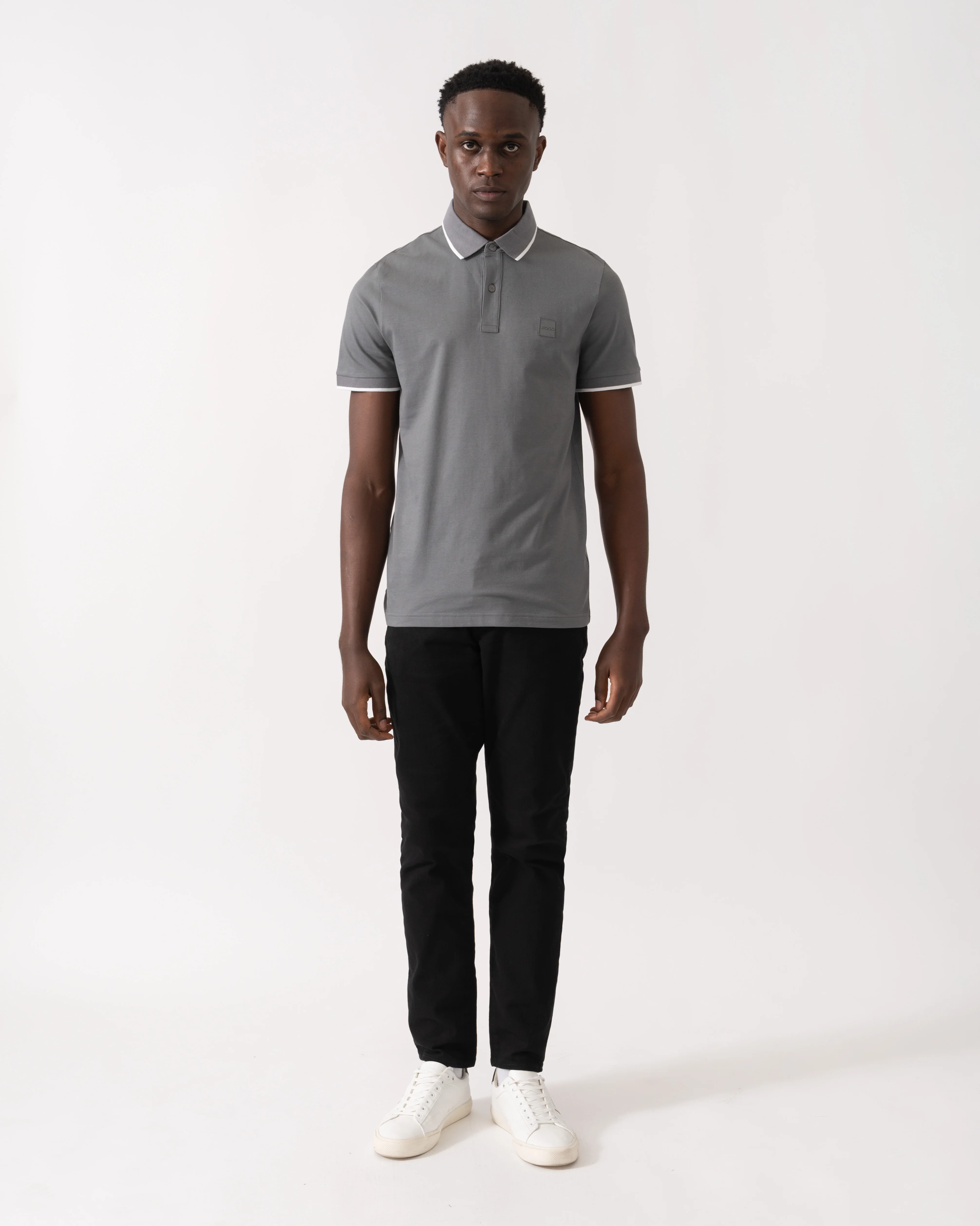 BOSS Orange Passertip Mens Short Sleeve Polo Shirt With Tipped Collar - Open Grey 062 - Image 3