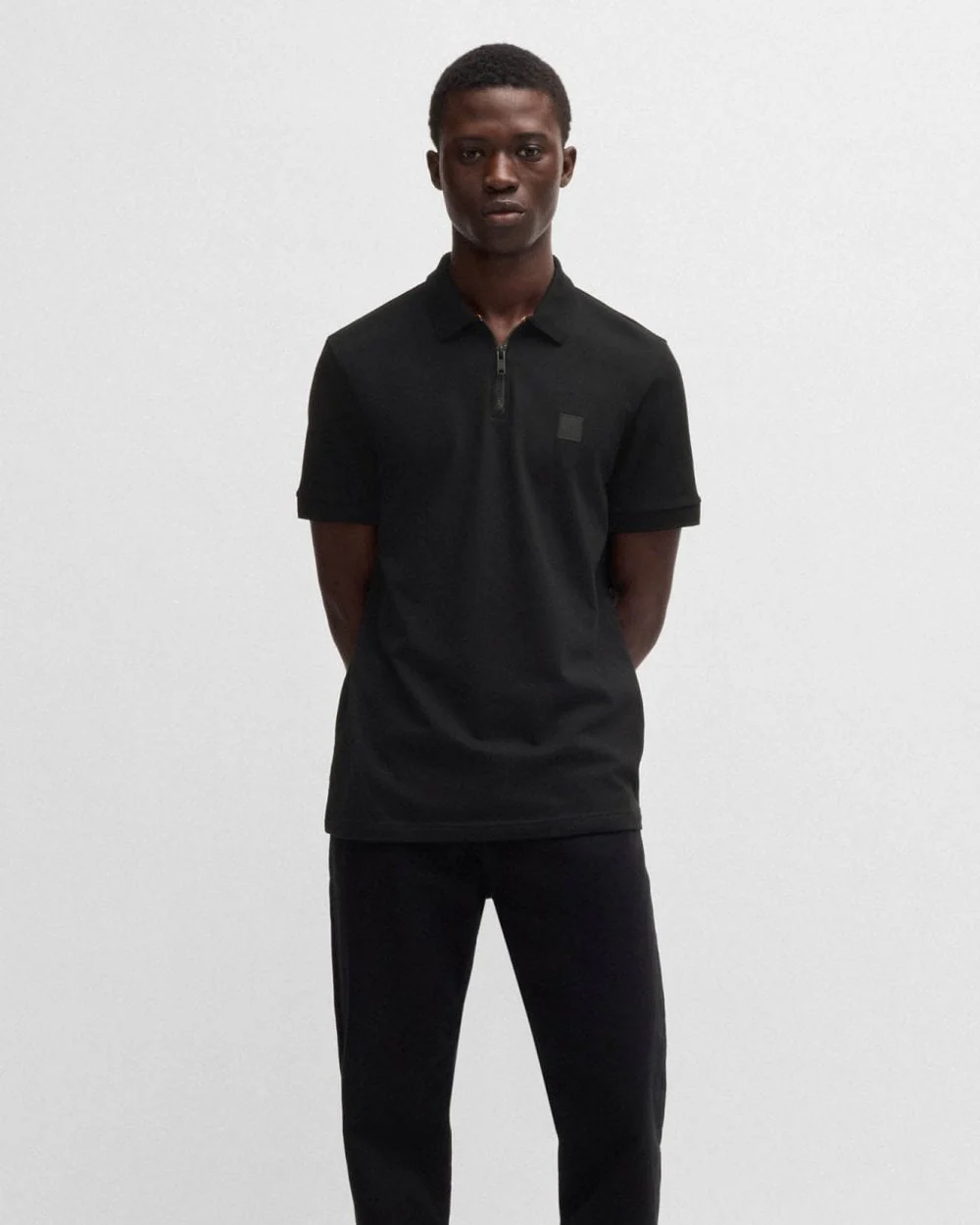 BOSS Orange Passerzip Mens Zip Placket Polo Shirt - Black 001 - Image 3
