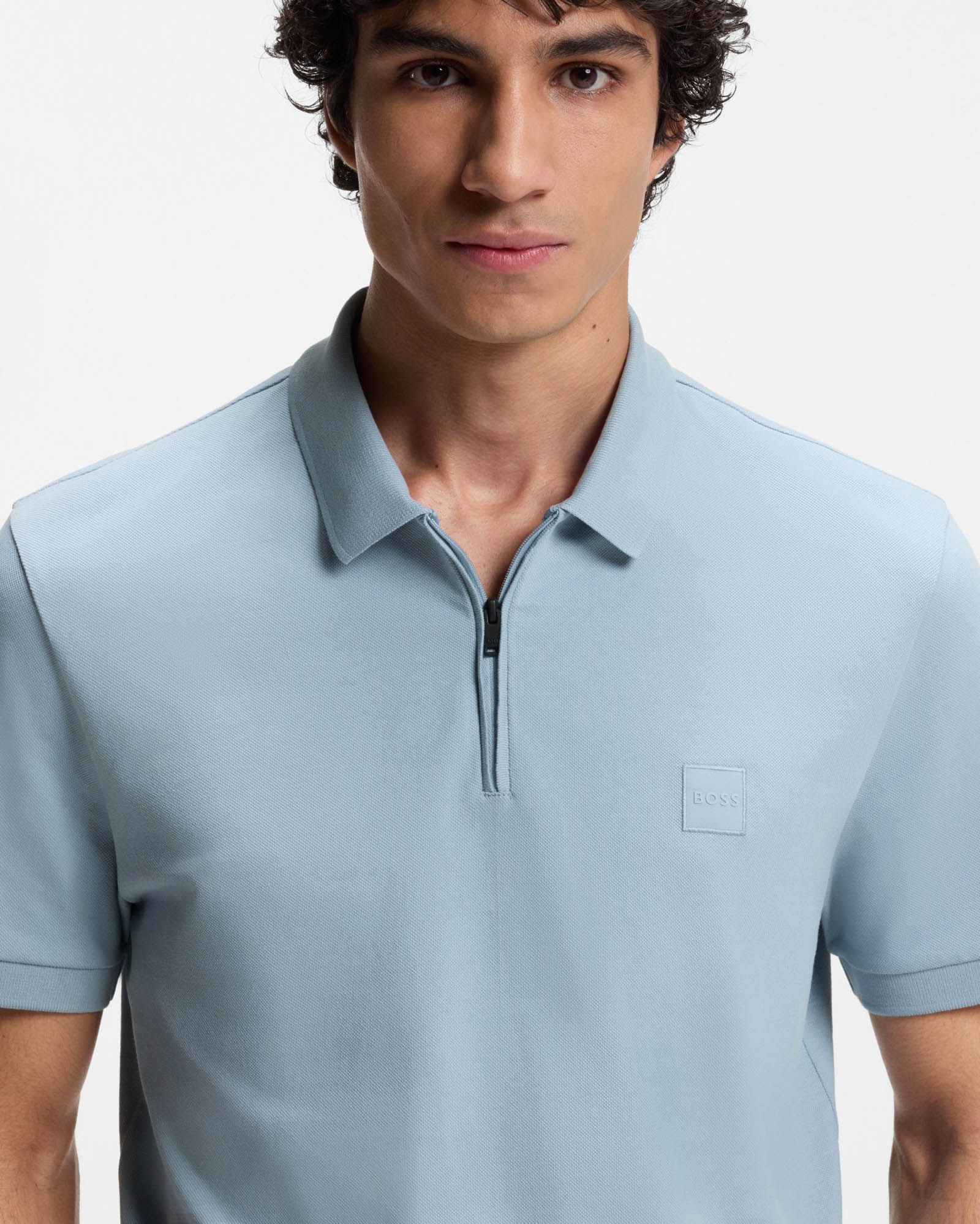 BOSS Orange Passerzip Mens Zip Placket Polo Shirt - Light/Pastel Blue 458 - Image 3