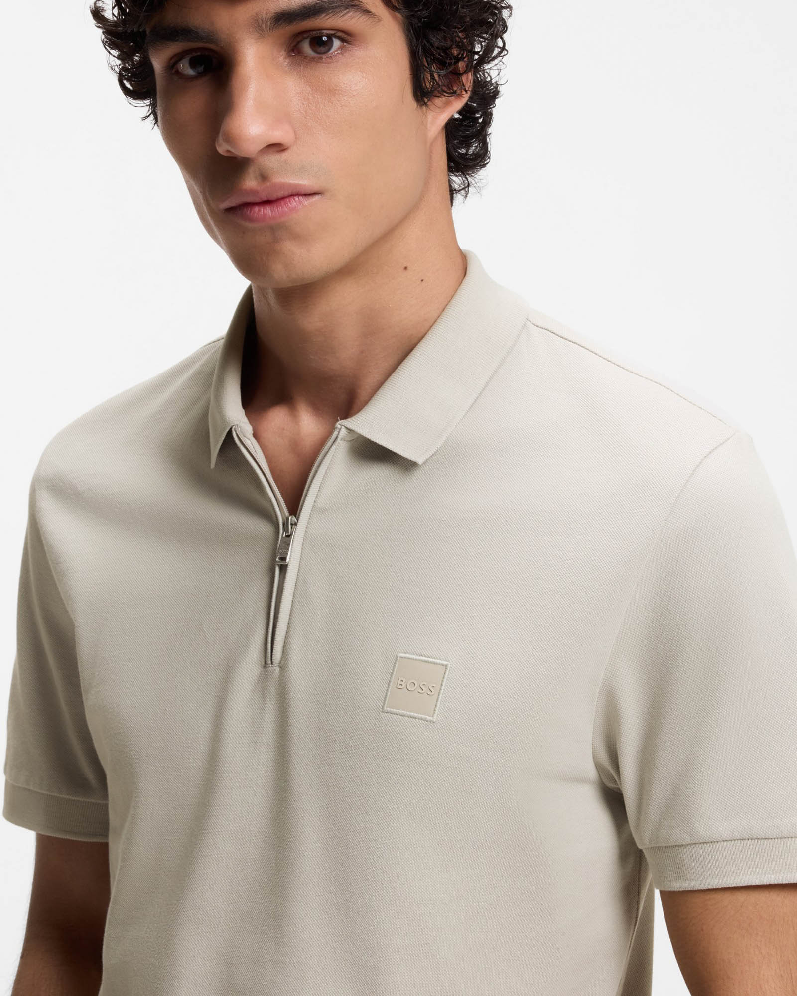 BOSS Orange Passerzip Mens Zip Placket Polo Shirt - Open Grey 070 - Image 3