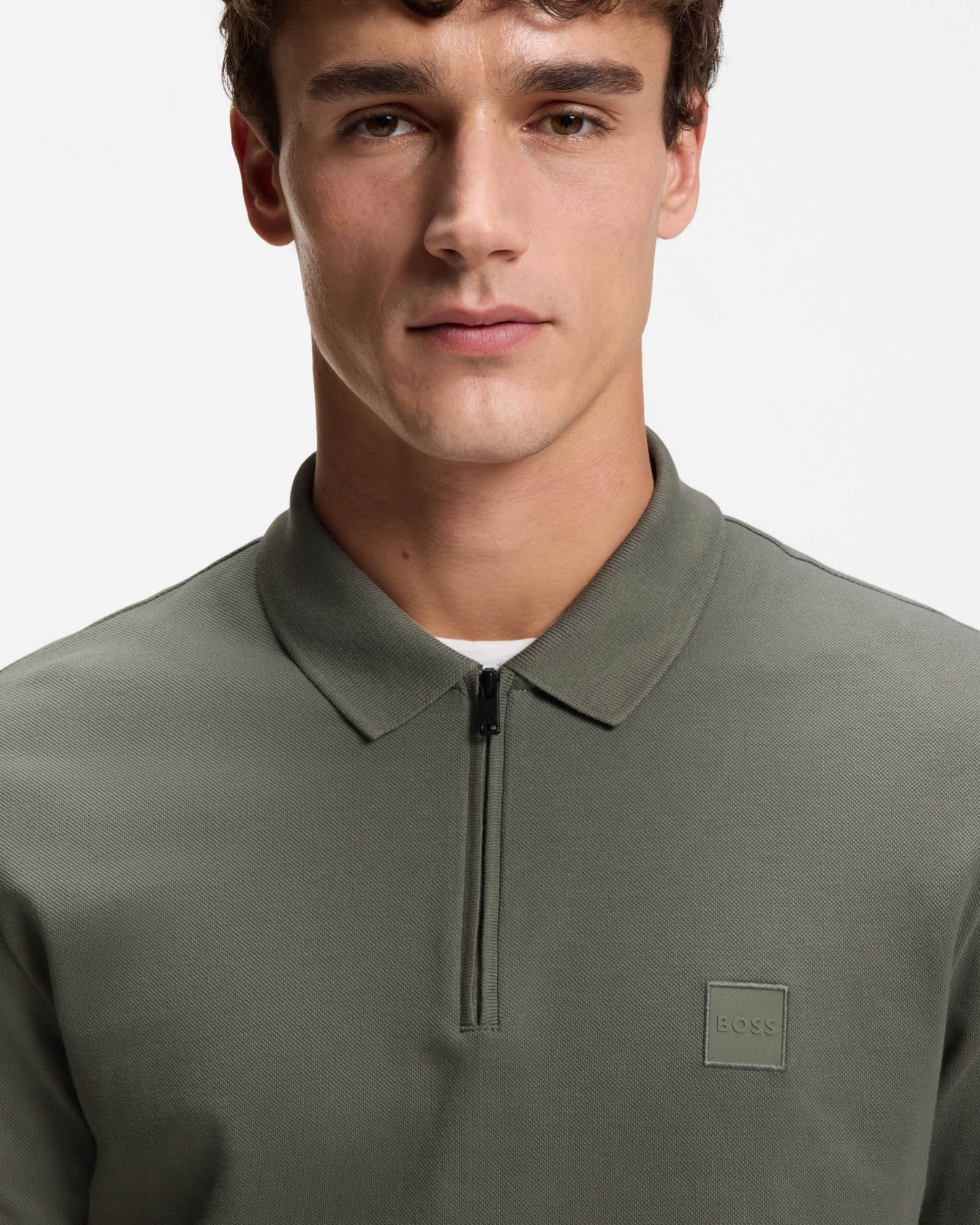 BOSS Orange Passerzip Mens Zip Placket Polo Shirt - Open Grey 076 - Image 3