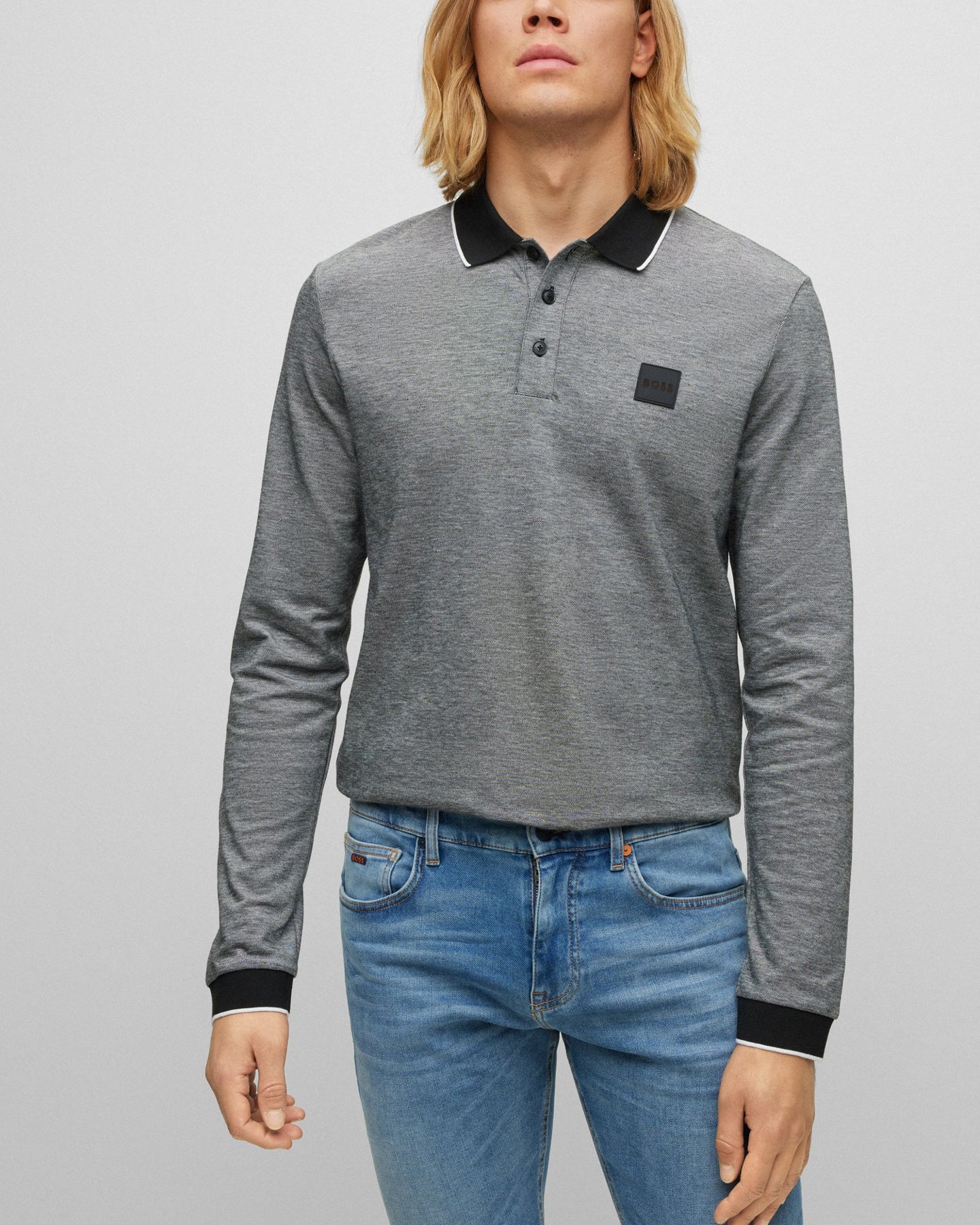 BOSS Orange Peoxfordlong Mens Long Sleeve Pique Polo Shirt - Grey 090