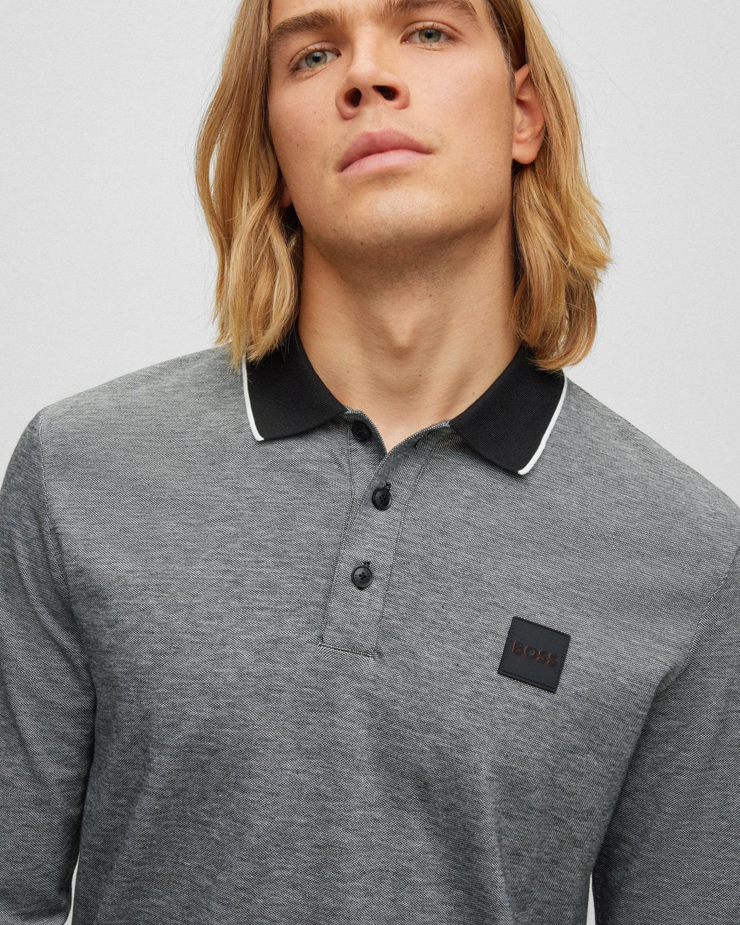 BOSS Orange Peoxfordlong Mens Long Sleeve Pique Polo Shirt - Grey 090 - Image 2