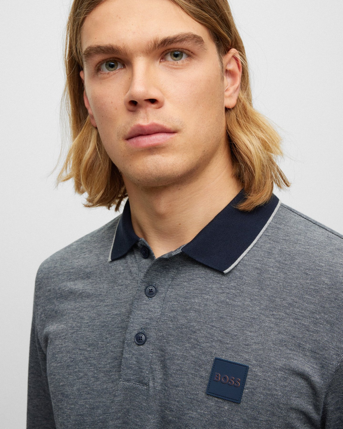 BOSS Orange Peoxfordlong Mens Long Sleeve Pique Polo Shirt - Grey 090 - Image 3