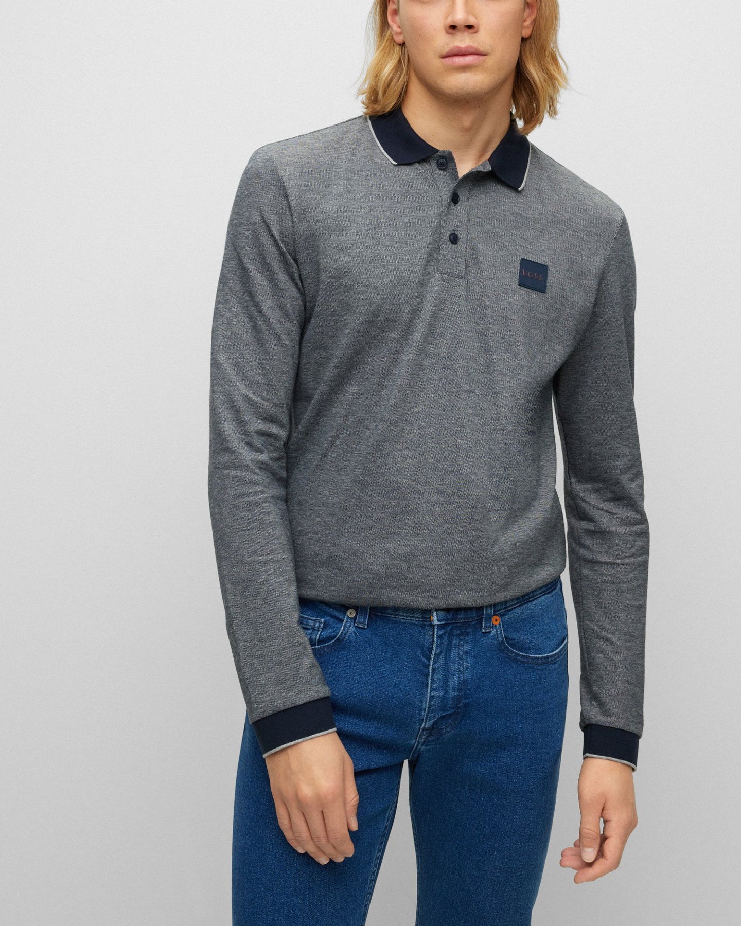 BOSS Orange Peoxfordlong Mens Long Sleeve Pique Polo Shirt - Grey 090 - Image 4