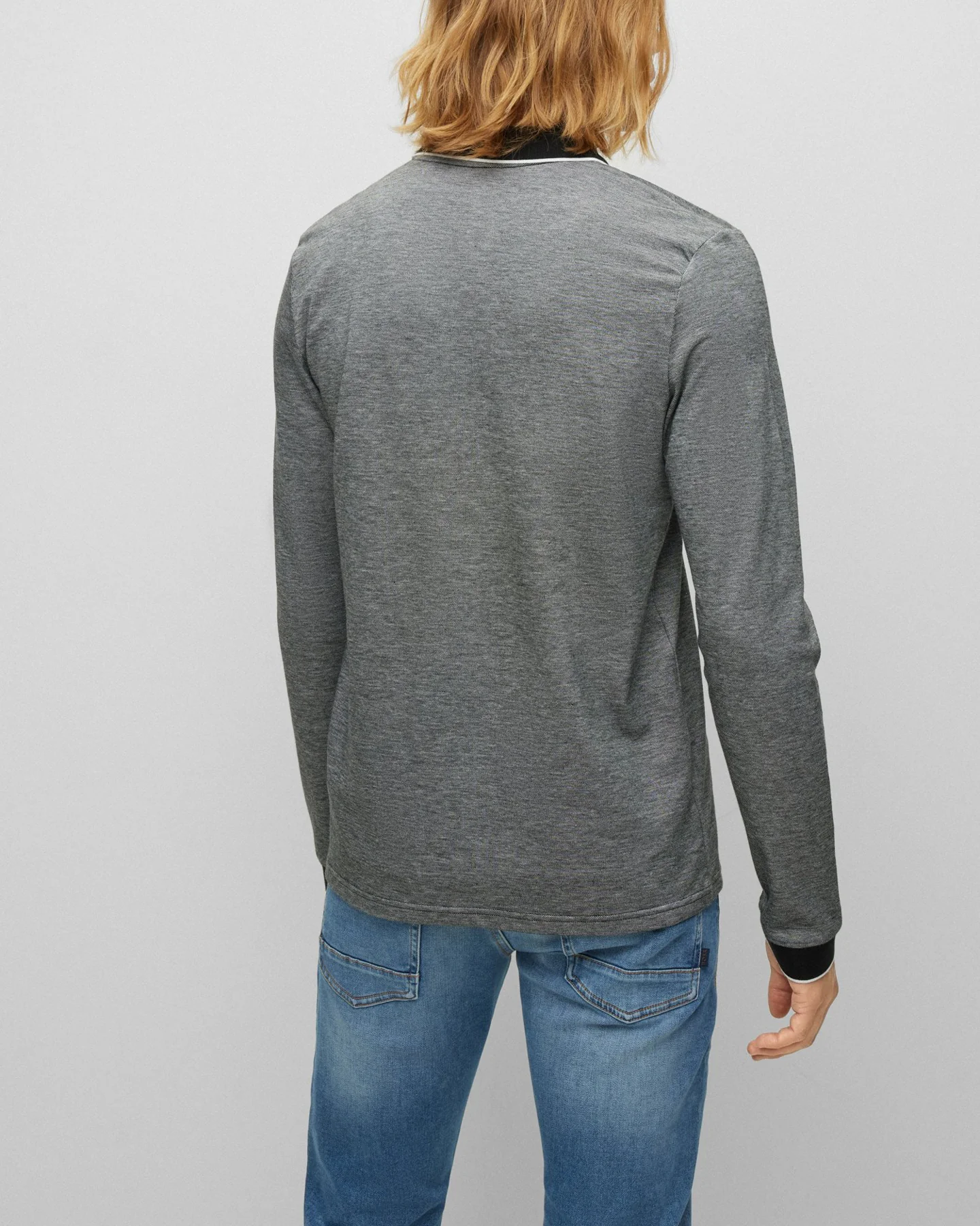 BOSS Orange Peoxfordlong Mens Long Sleeve Pique Polo Shirt - Grey 090 - Image 5