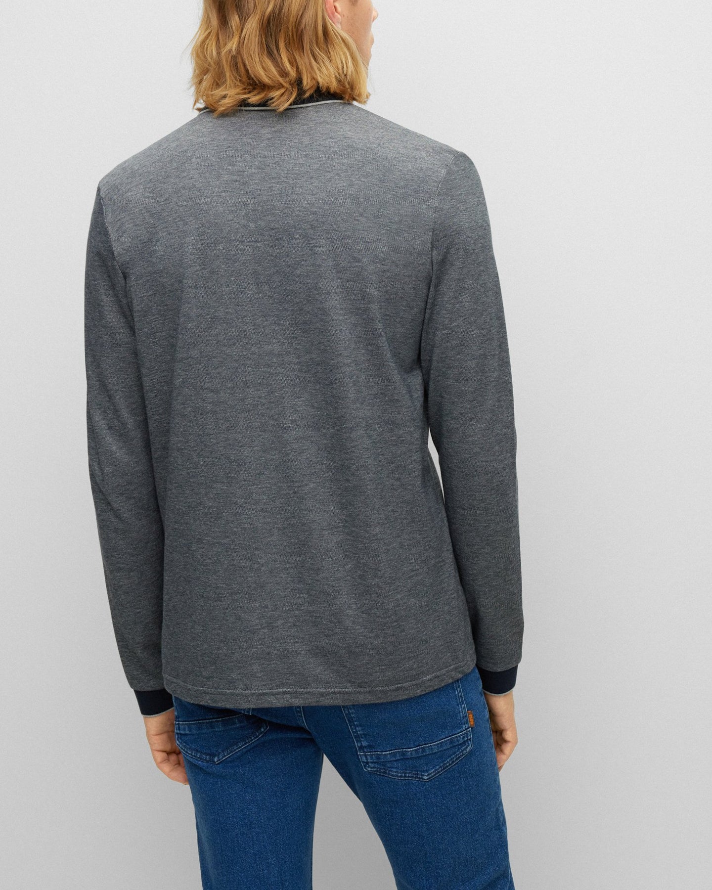 BOSS Orange Peoxfordlong Mens Long Sleeve Pique Polo Shirt - Grey 090 - Image 6