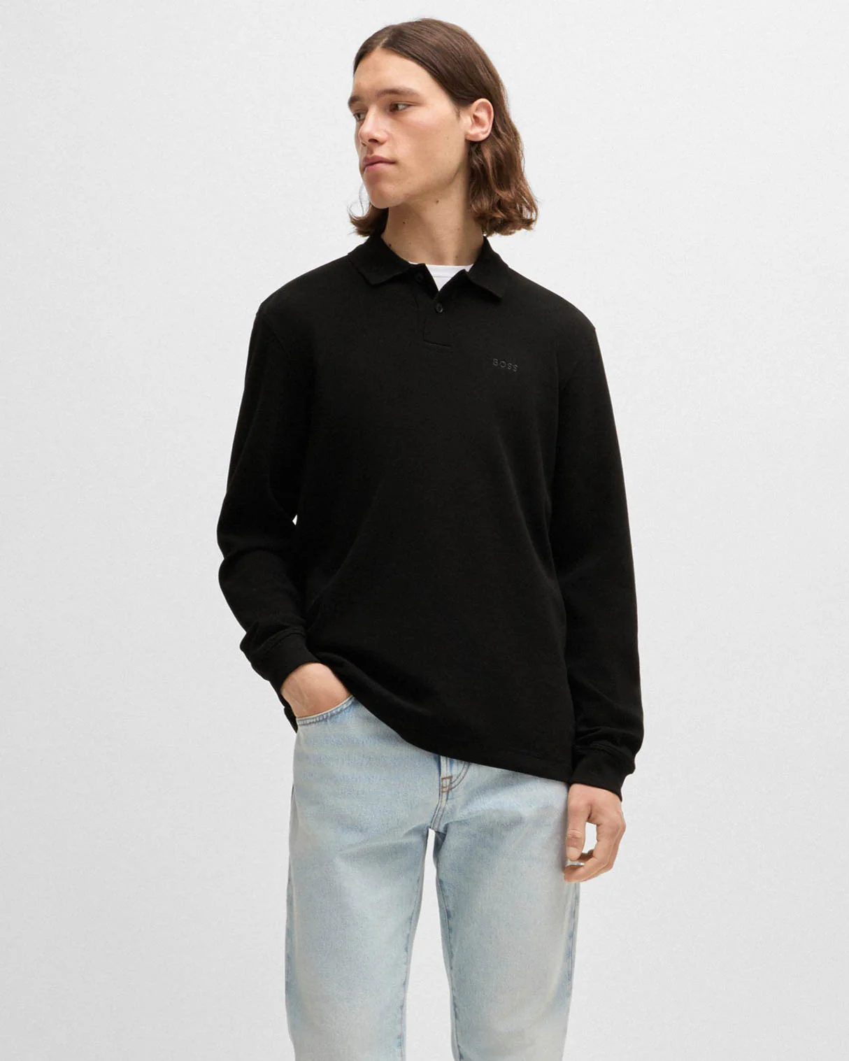 BOSS Orange Petempestolong Mens Cotton-Blend Polo Shirt with Waffle Structure - Black 001 - Image 2