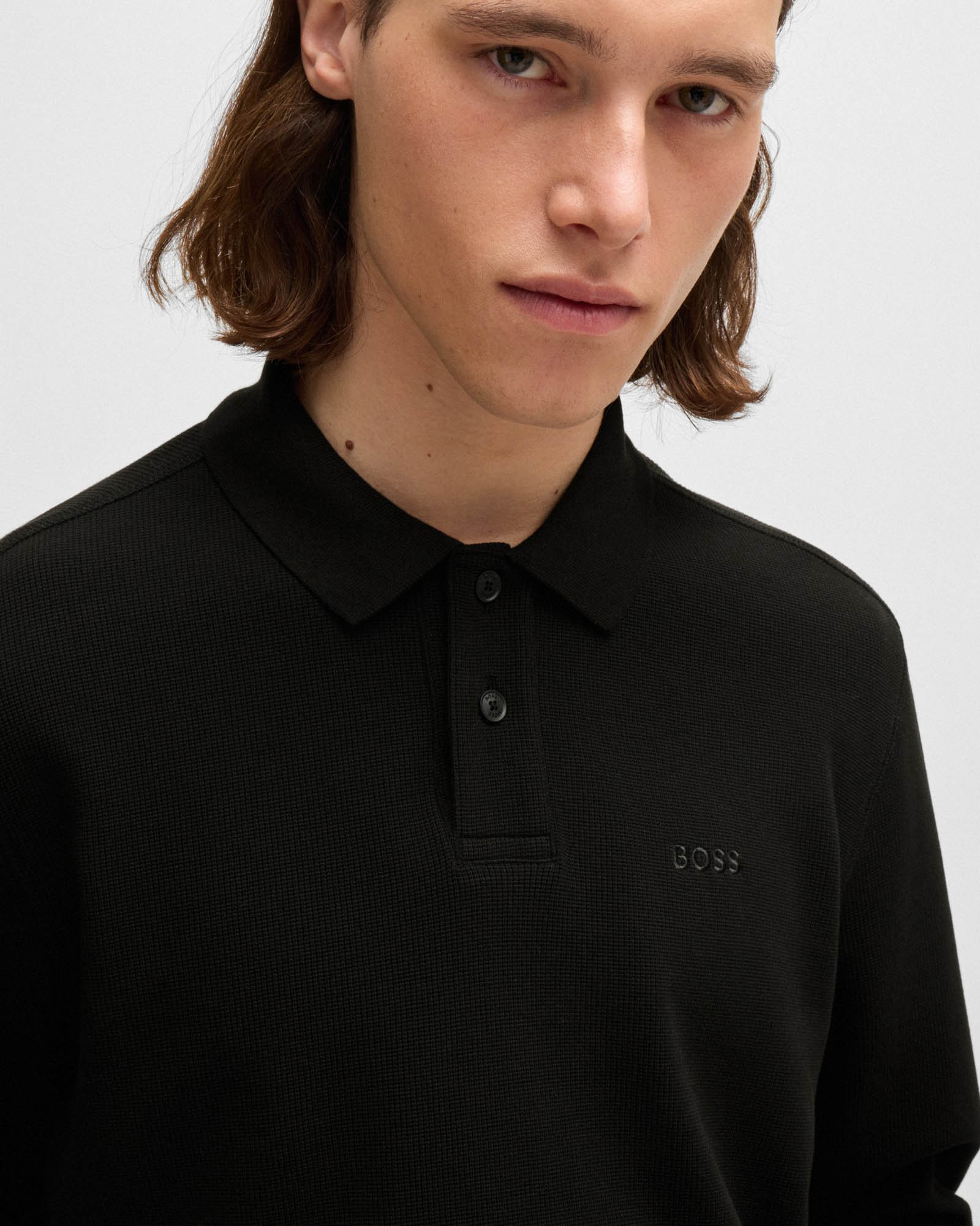 BOSS Orange Petempestolong Mens Cotton-Blend Polo Shirt with Waffle Structure - Black 001 - Image 4