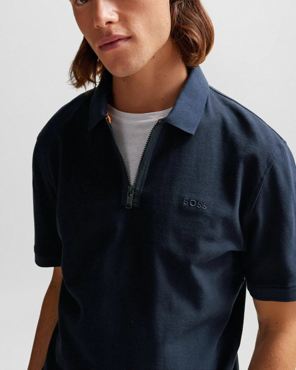 BOSS Orange Pezip Mens Short Sleeve Zip Polo Shirt - Image 2