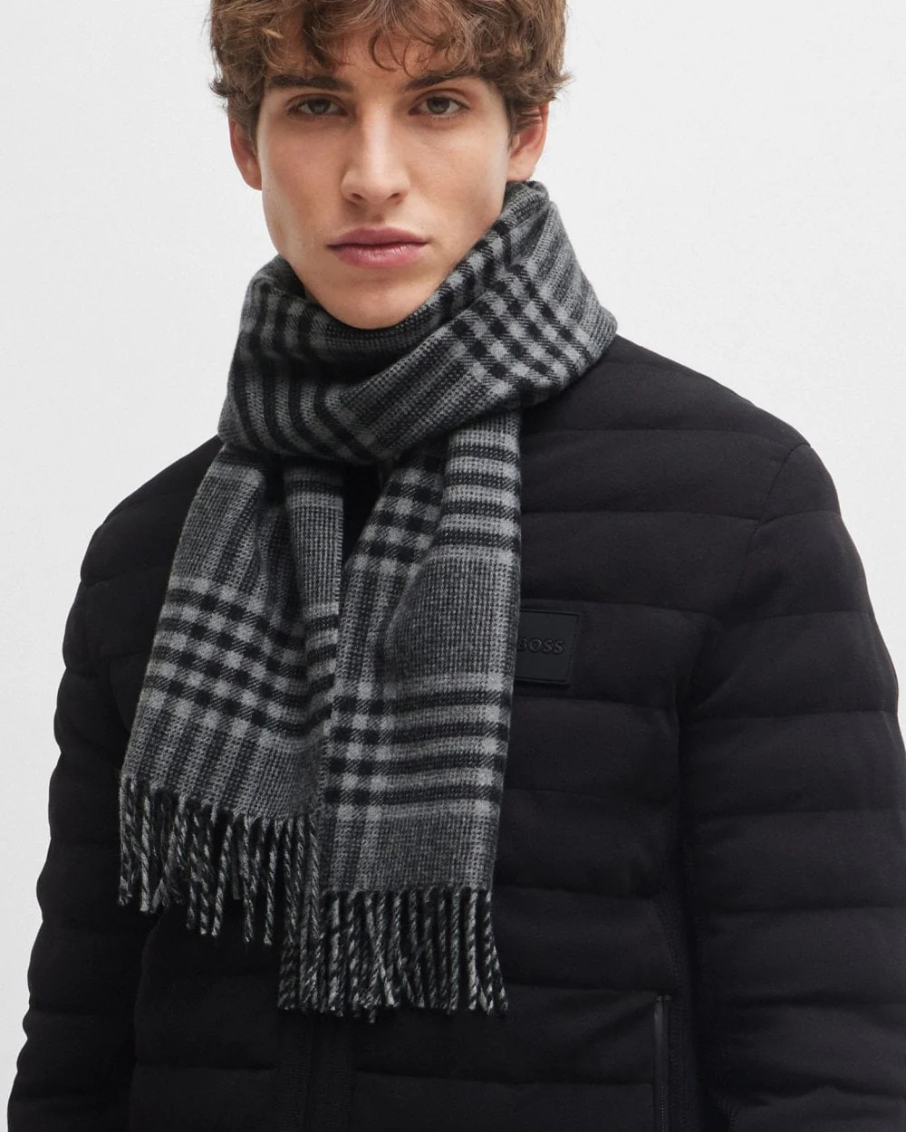 BOSS Orange Rafer Mens Check Wool Scarf - Image 2